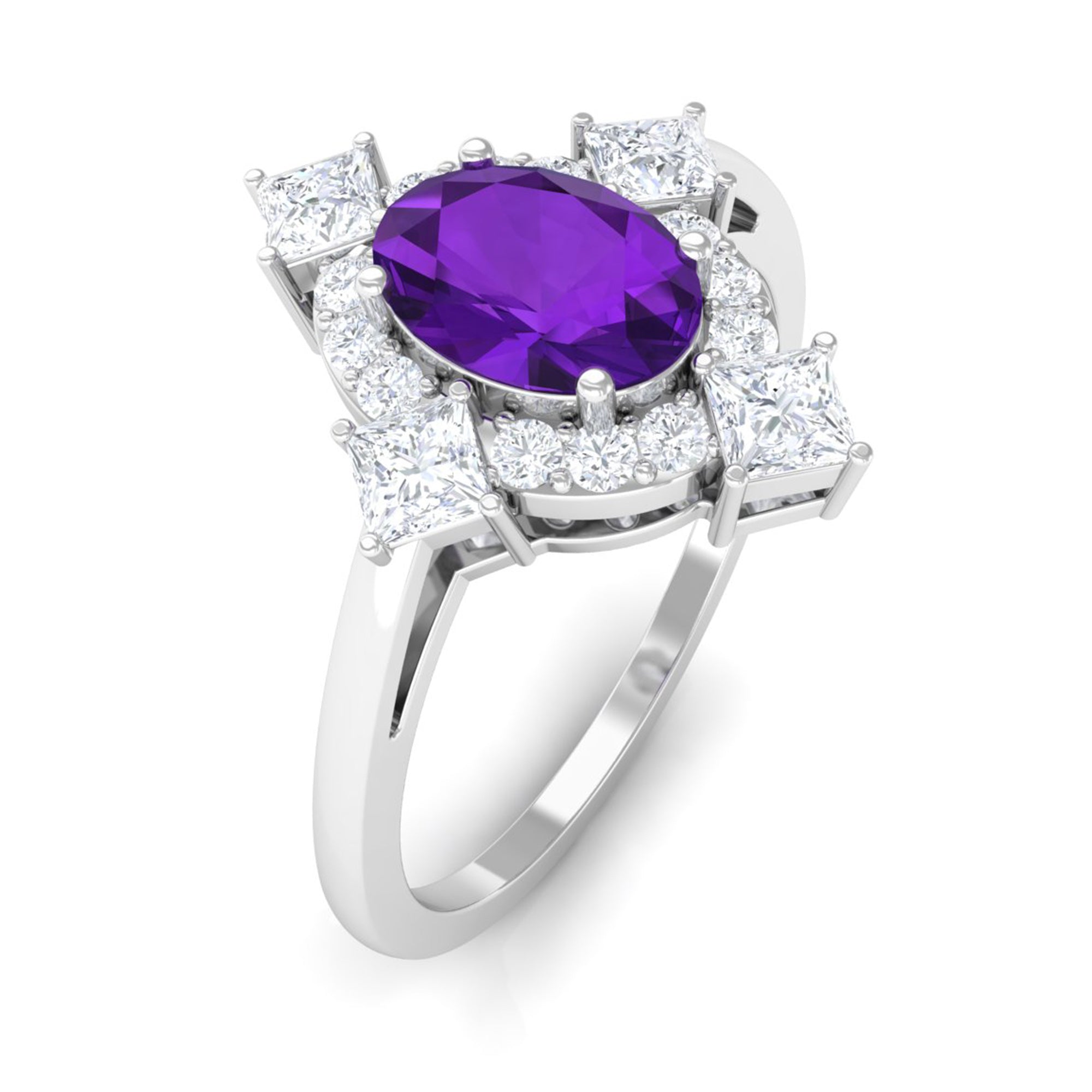 Oval Amethyst Halo Cocktail Ring with Diamond Amethyst - ( AAA ) - Quality - Rosec Jewels