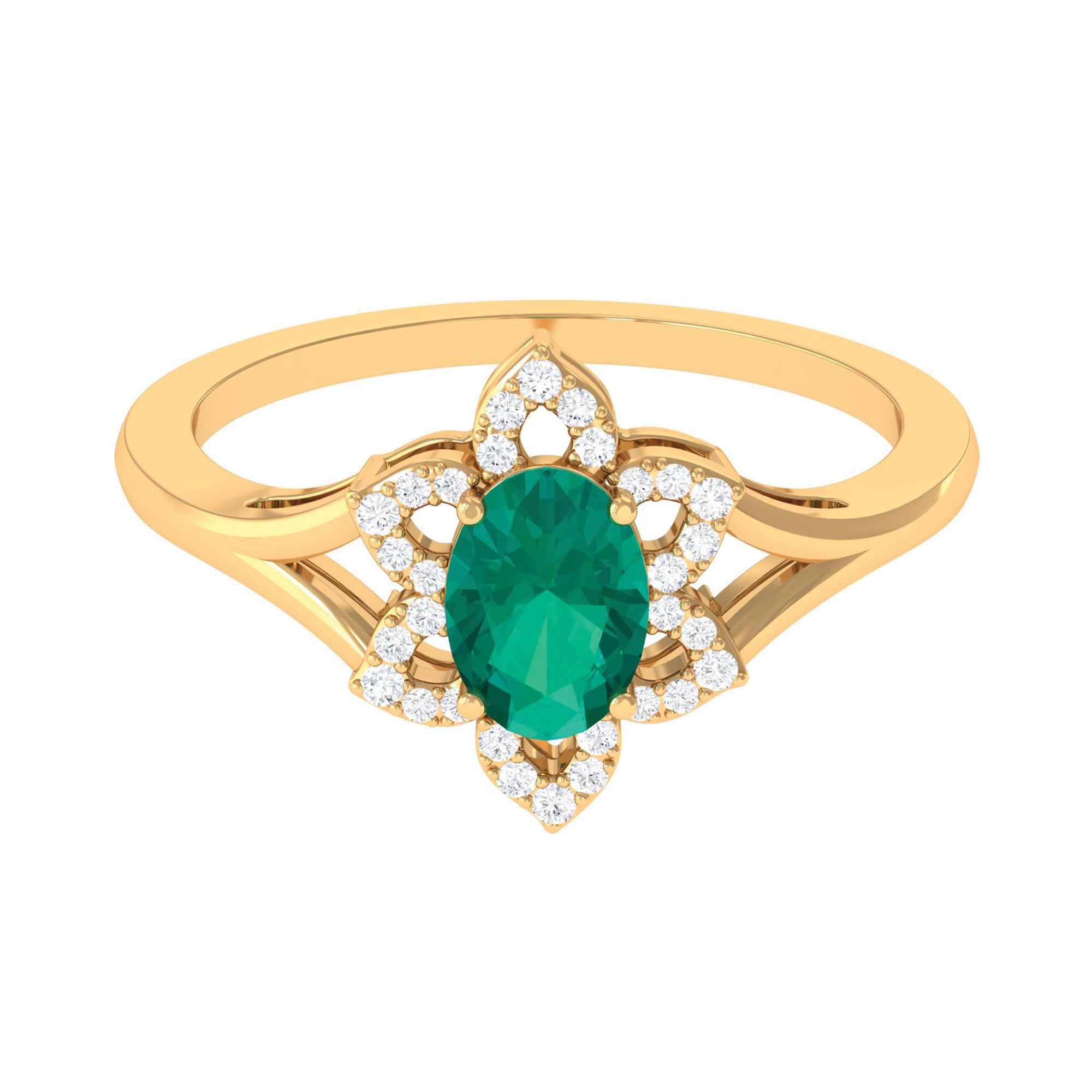 Oval Emerald and Diamond Flower Engagement Ring in Split Shank Emerald - ( AAA ) - Quality - Rosec Jewels