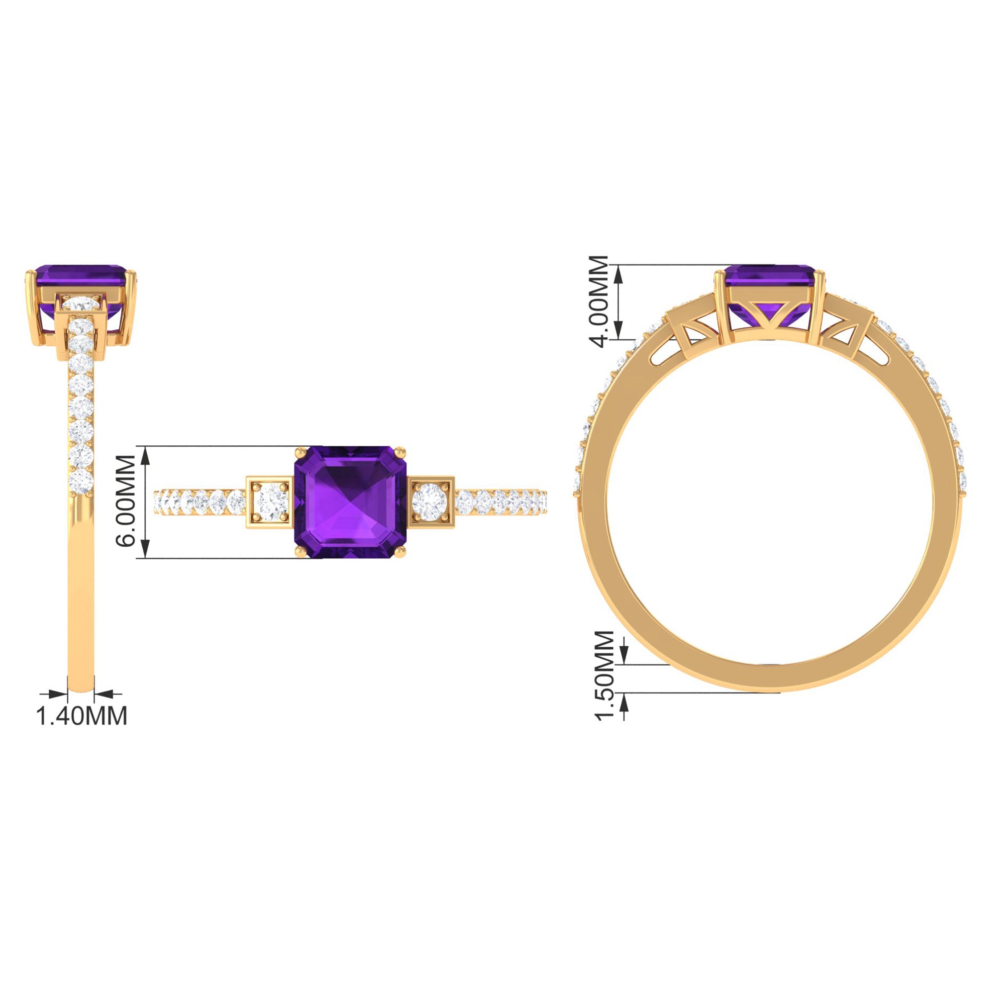 Asscher Cut Amethyst Solitaire Engagement Ring with Diamond Amethyst - ( AAA ) - Quality - Rosec Jewels