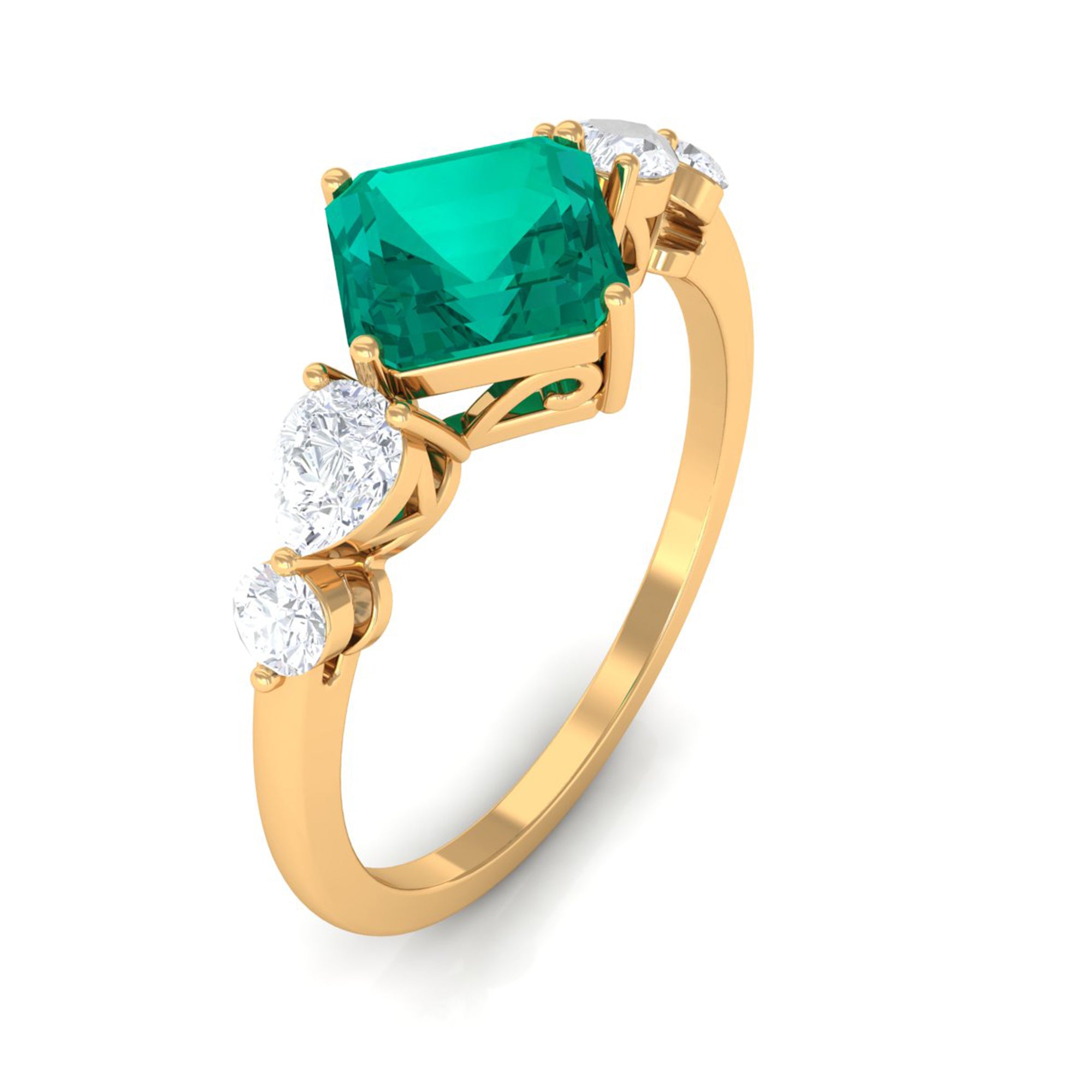 Simple Asscher shape Emerald Solitaire Engagement Ring with Diamond Emerald - ( AAA ) - Quality - Rosec Jewels