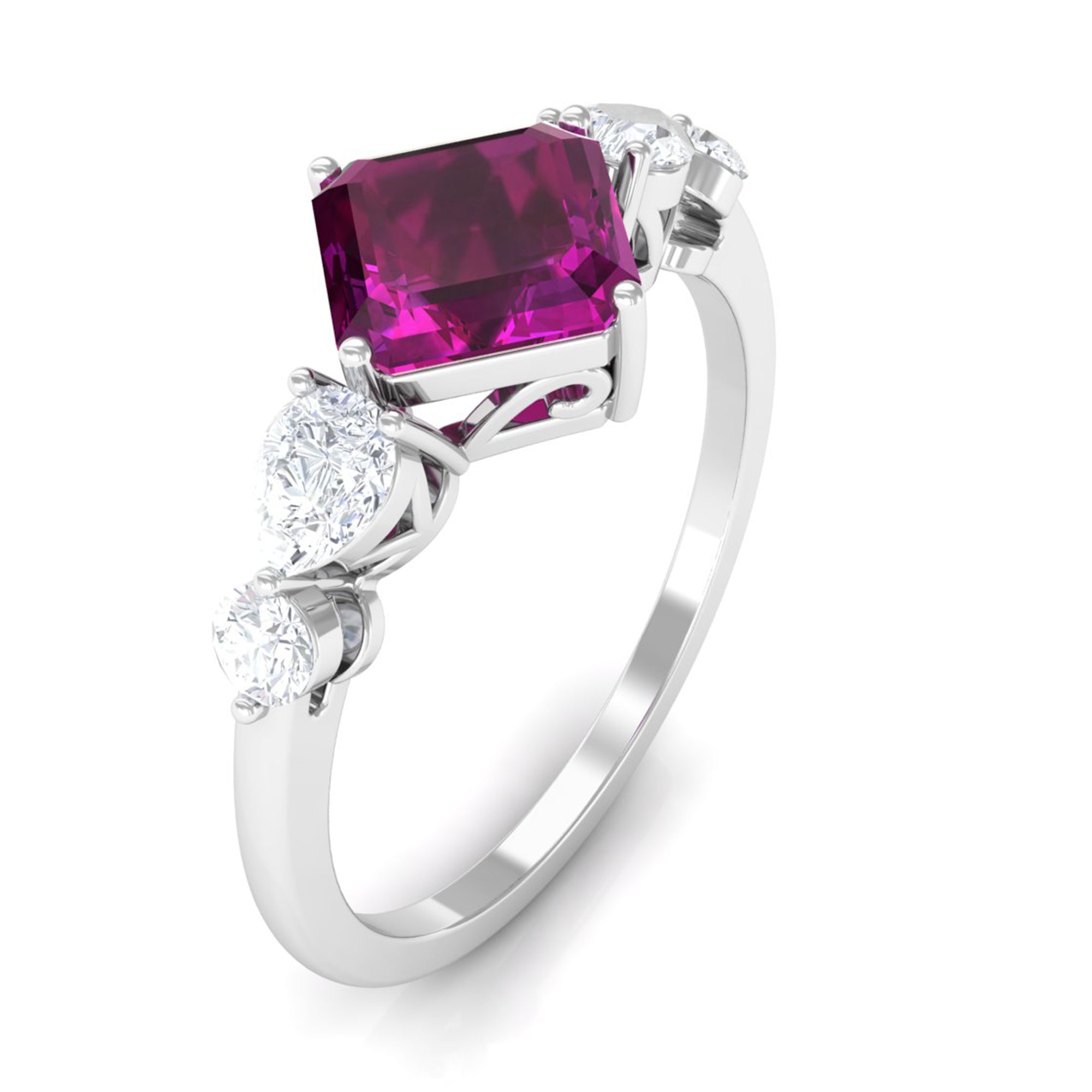 Simple Asscher Cut Rhodolite Solitaire Engagement Ring with Moissanite Rhodolite - ( AAA ) - Quality - Rosec Jewels