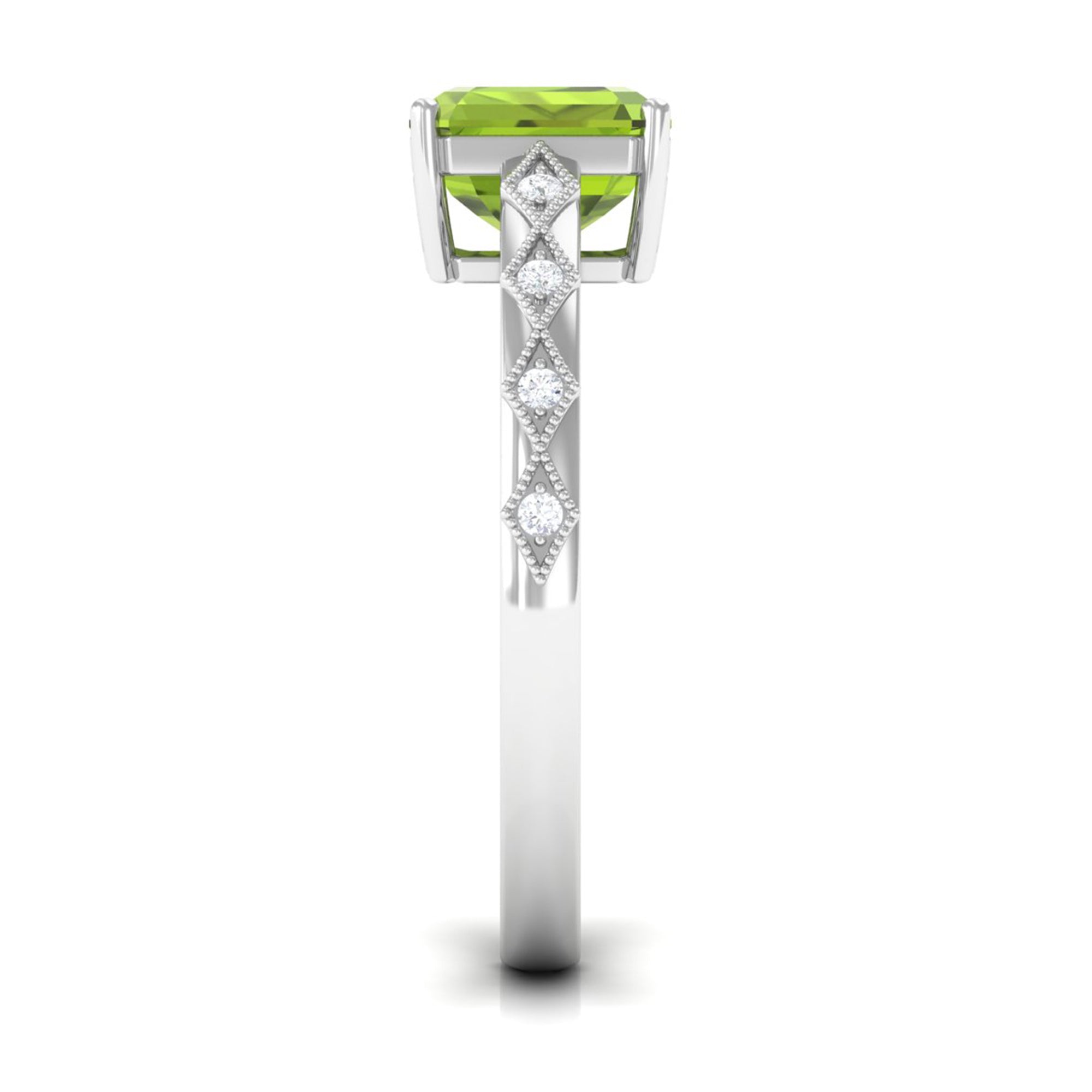 Asscher Cut Peridot Beaded Engagement Ring with Diamond Peridot - ( AAA ) - Quality - Rosec Jewels