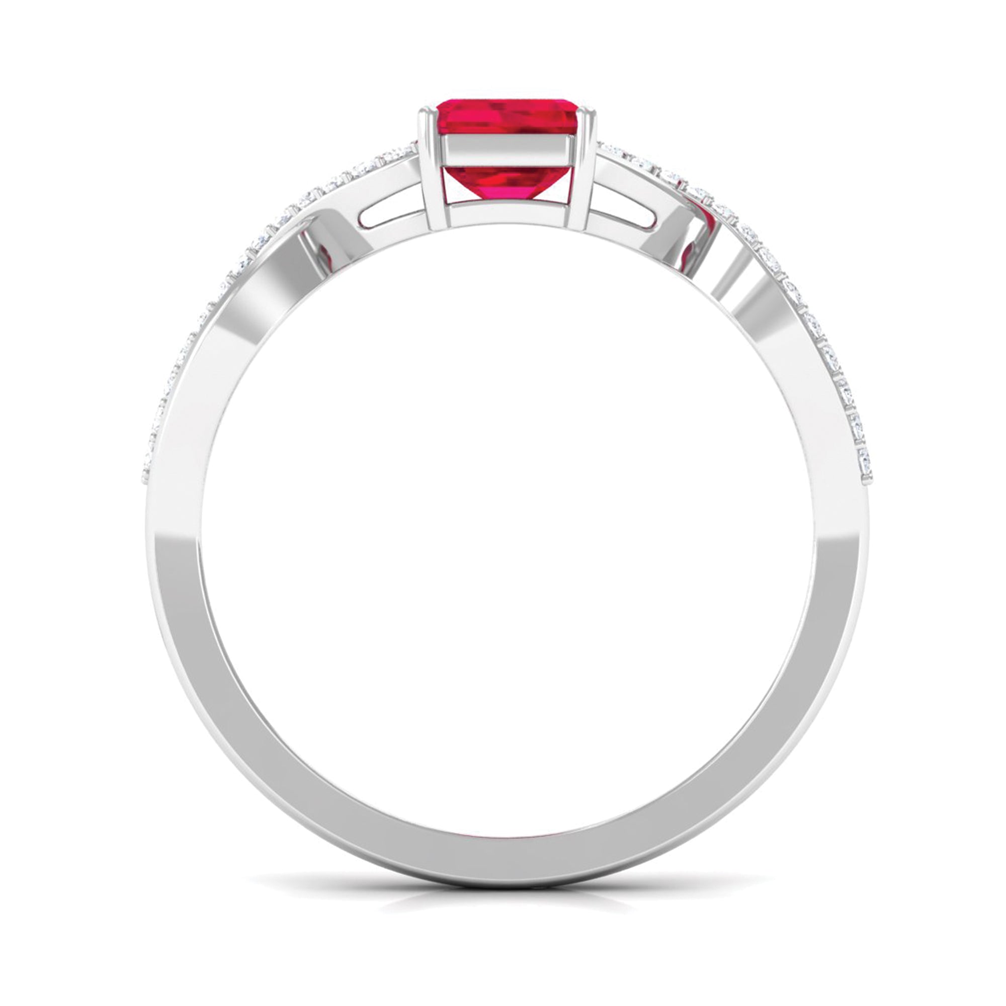 Emerald Cut Created Ruby and Diamond Crossover Engagement Ring Lab Created Ruby - ( AAAA ) - Quality - Rosec Jewels