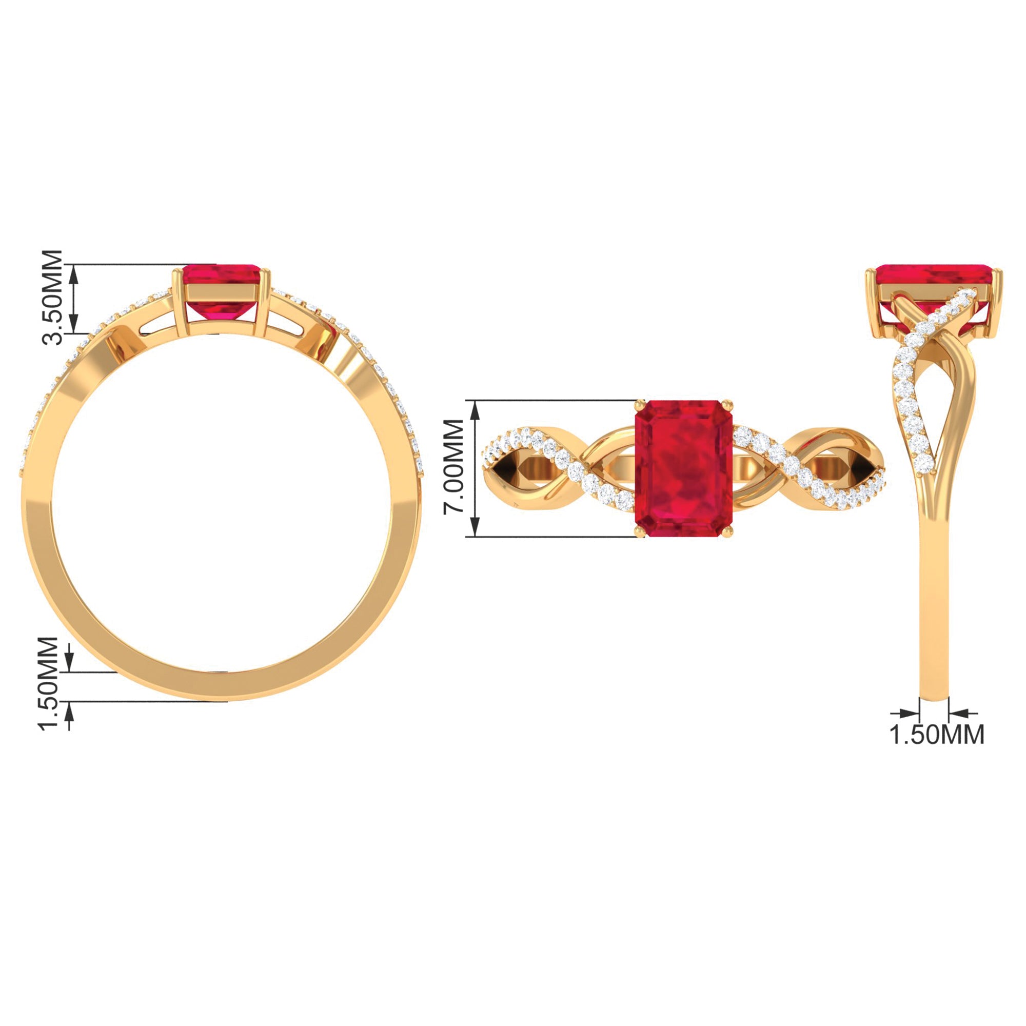 Emerald Cut Created Ruby and Diamond Crossover Engagement Ring Lab Created Ruby - ( AAAA ) - Quality - Rosec Jewels