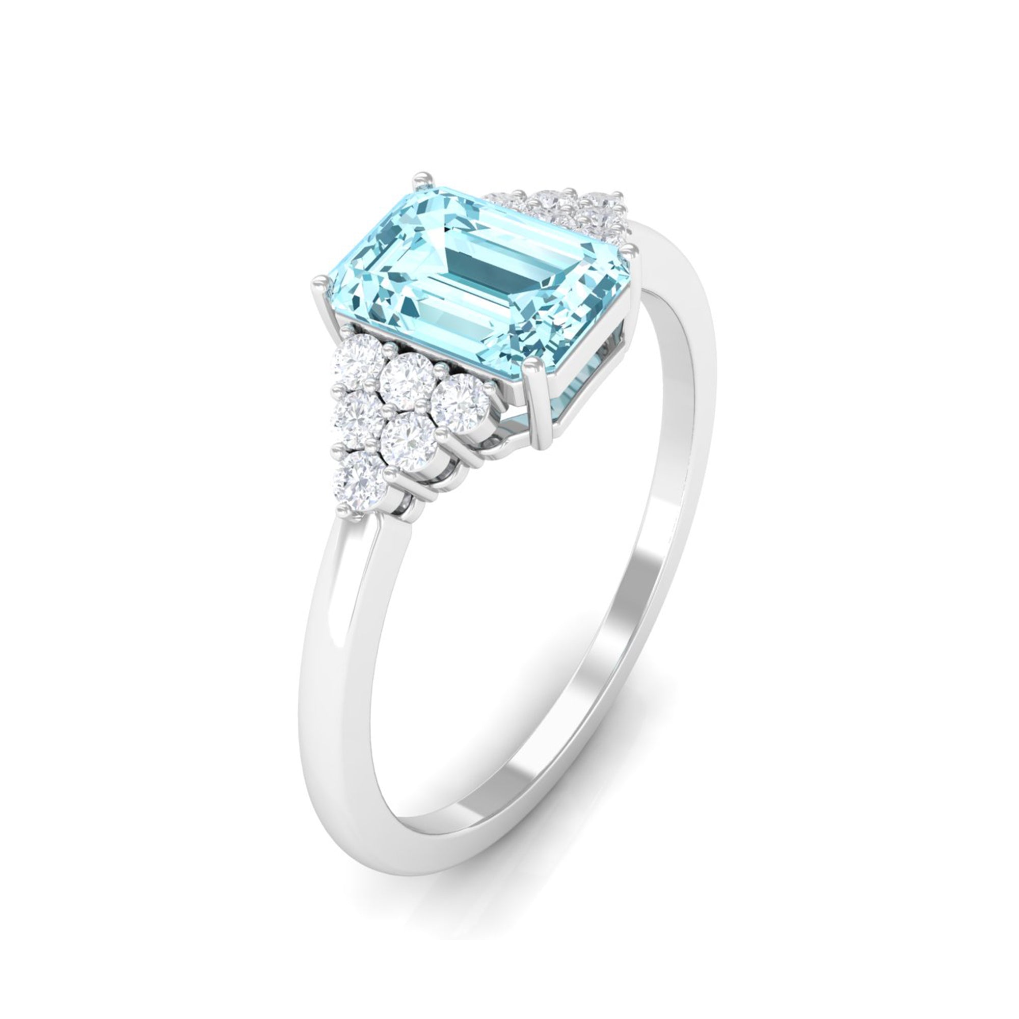 Octagon Cut Aquamarine Solitaire Engagement Ring with Diamond Aquamarine - ( AAA ) - Quality - Rosec Jewels