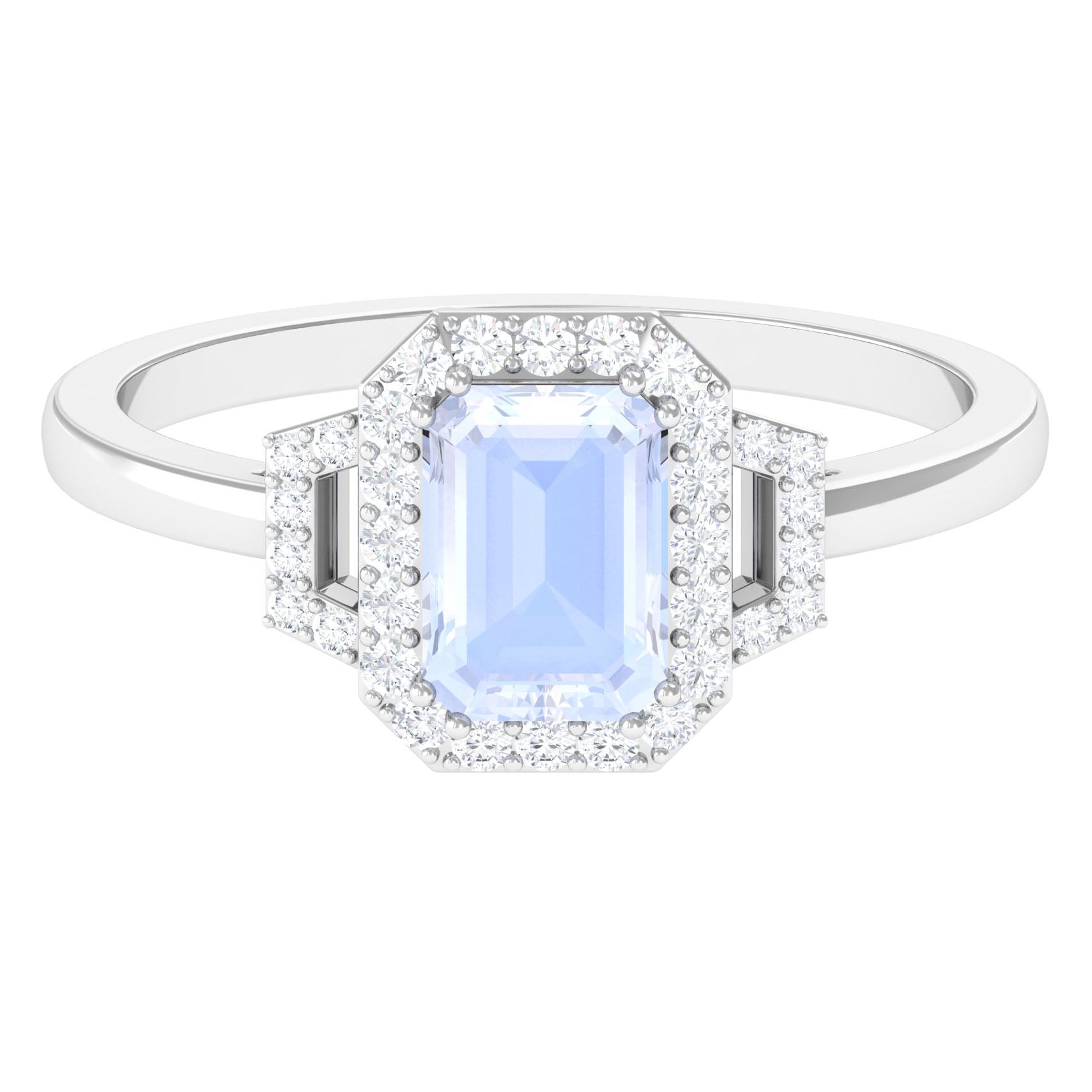 Emerald Cut Moonstone Halo Engagement Ring with Diamond Moonstone - ( AAA ) - Quality - Rosec Jewels