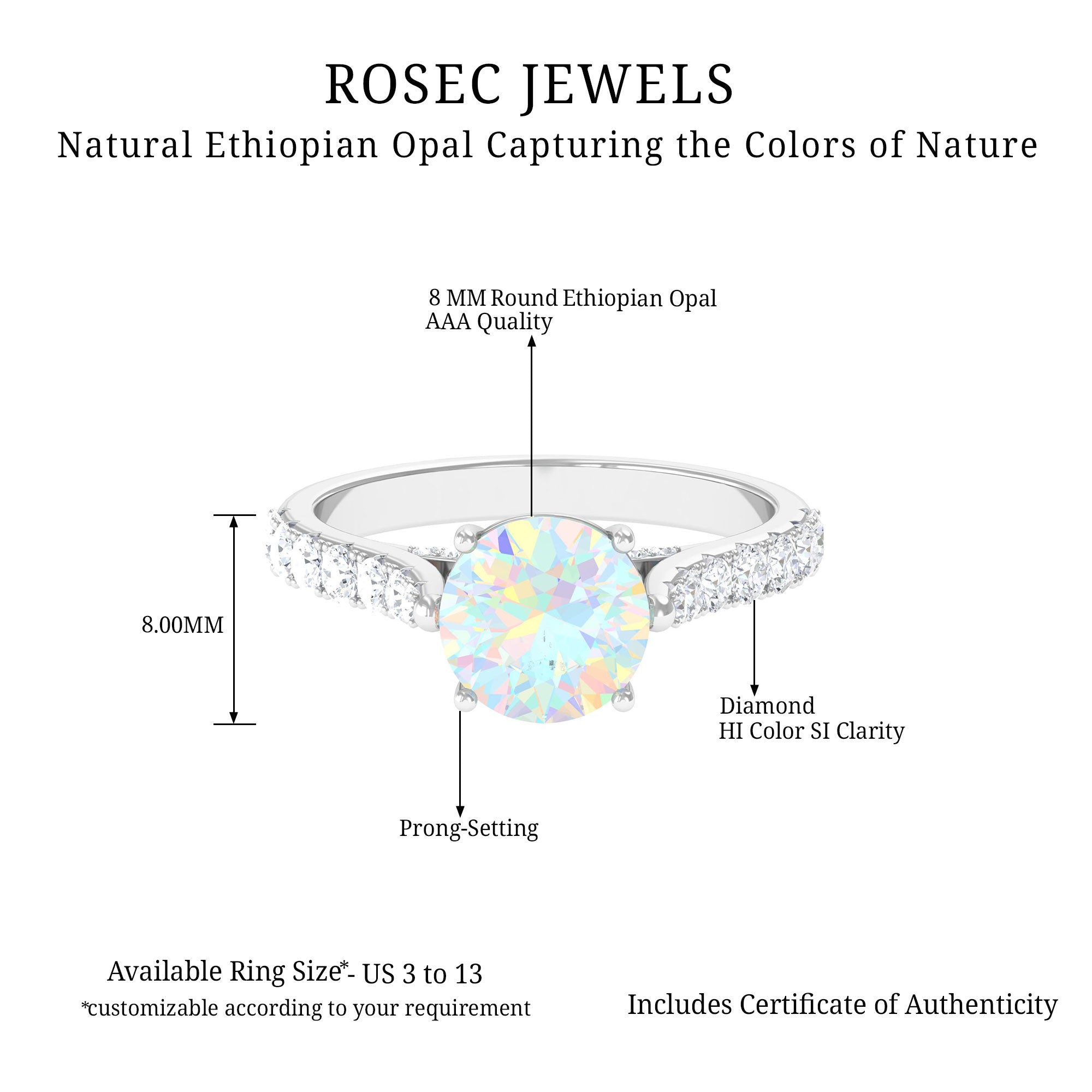 3 CT Ethiopian Opal Solitaire Engagement Ring with Diamond Side Stones Ethiopian Opal - ( AAA ) - Quality - Rosec Jewels