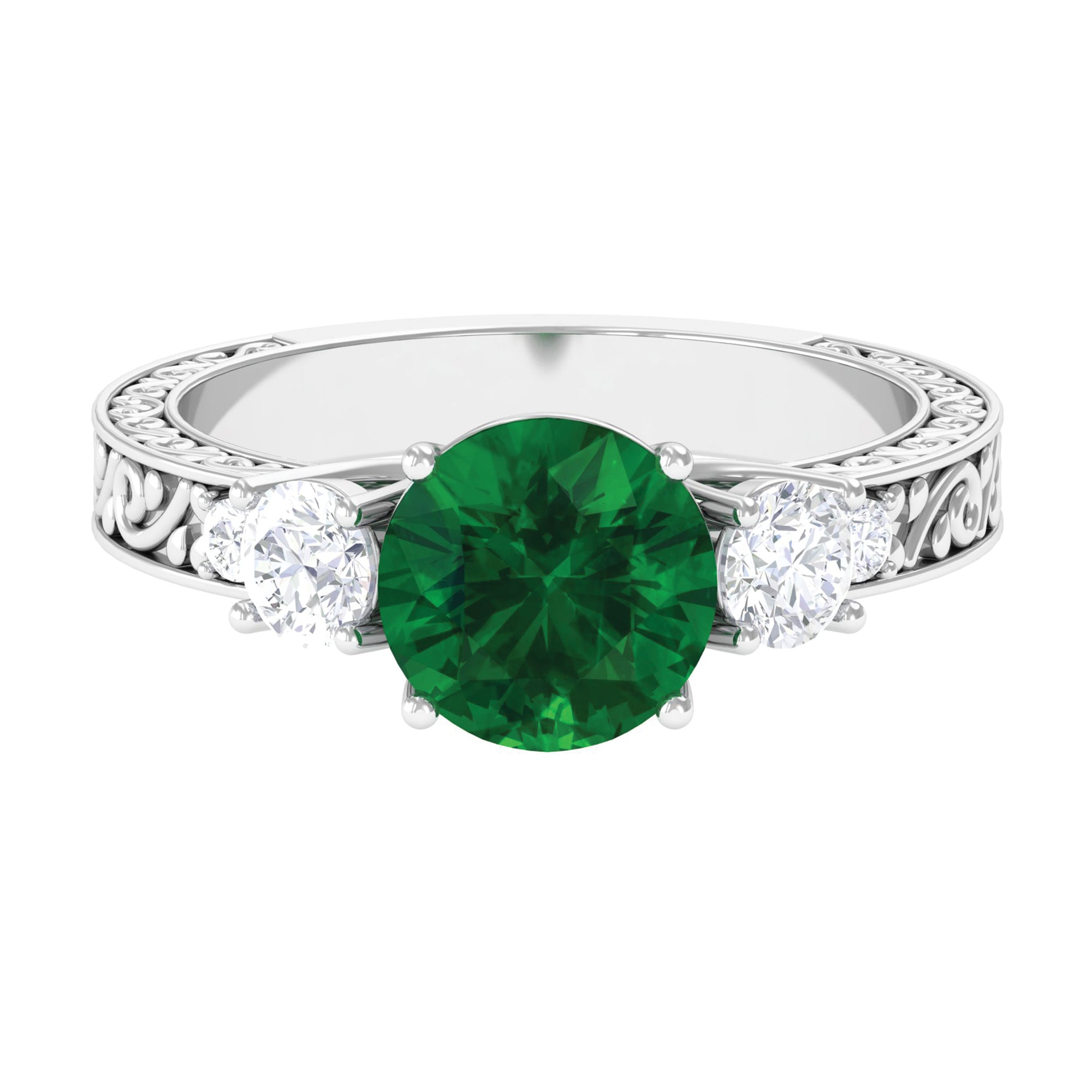 Round Created Emerald and Moissanite Art Deco Engagement Ring in Gold Lab Created Emerald - ( AAAA ) - Quality - Rosec Jewels