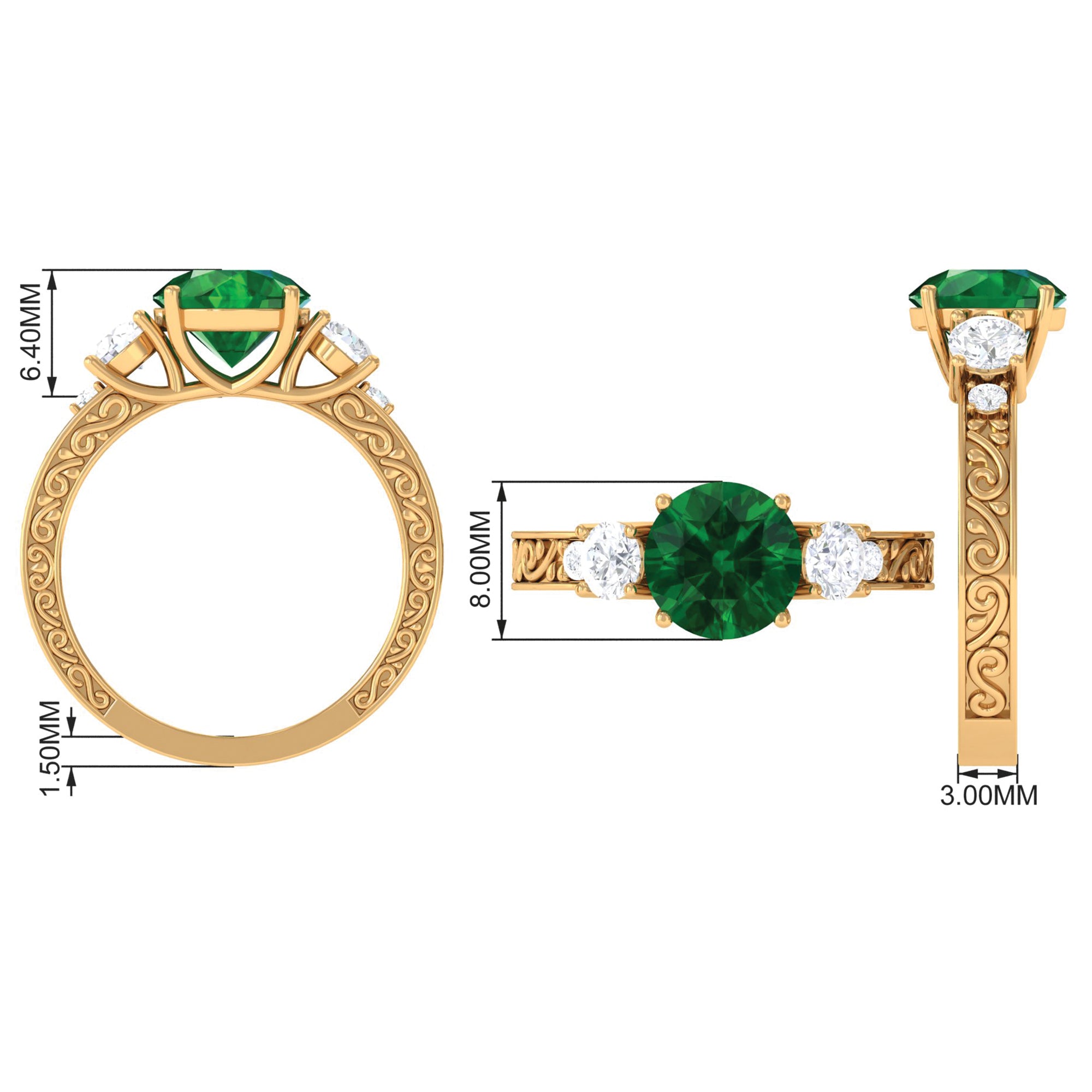 Round Created Emerald and Moissanite Art Deco Engagement Ring in Gold Lab Created Emerald - ( AAAA ) - Quality - Rosec Jewels