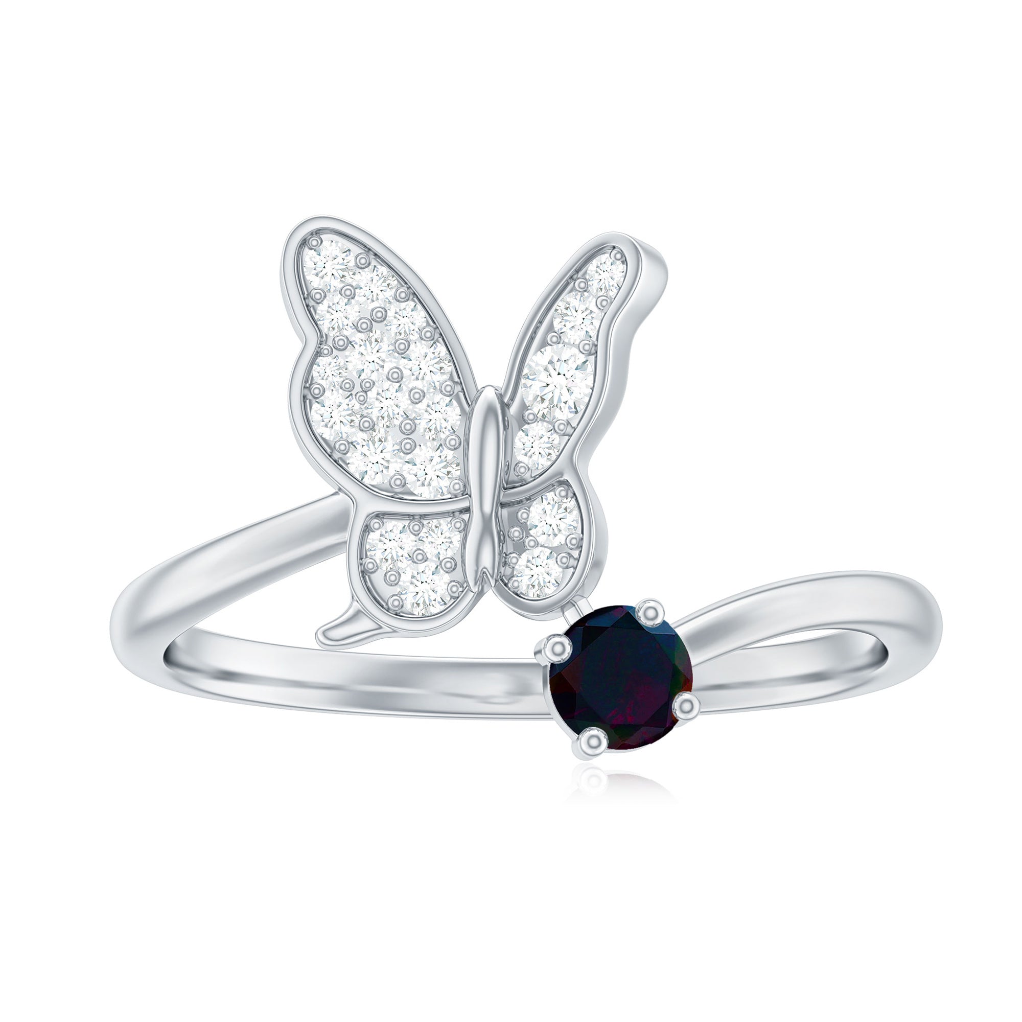 Natural Black Opal and Diamond Butterfly Ring Black Opal - ( AAA ) - Quality - Rosec Jewels