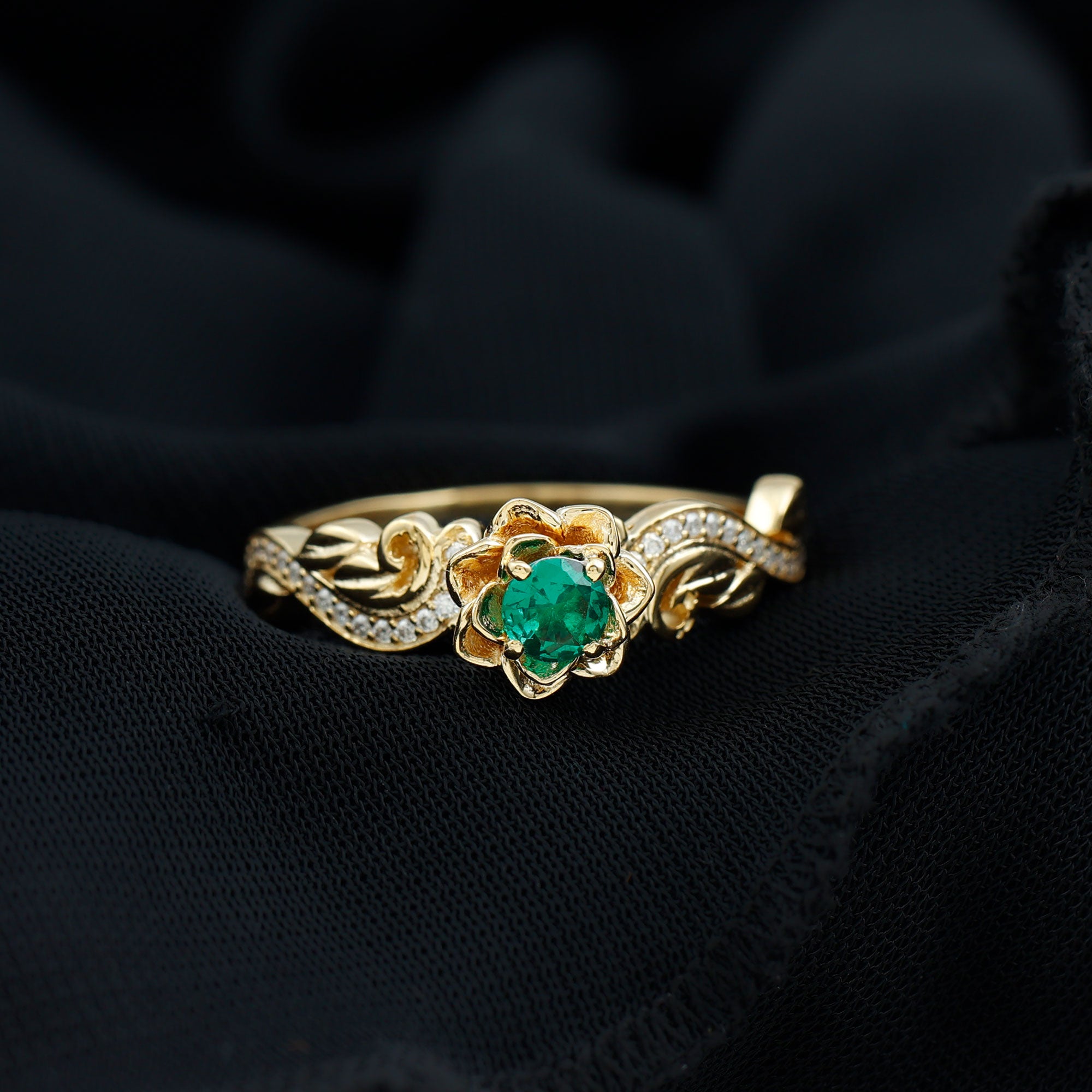 Flower Inspired Created Emerald Engagement Ring with Moissanite Lab Created Emerald - ( AAAA ) - Quality - Rosec Jewels