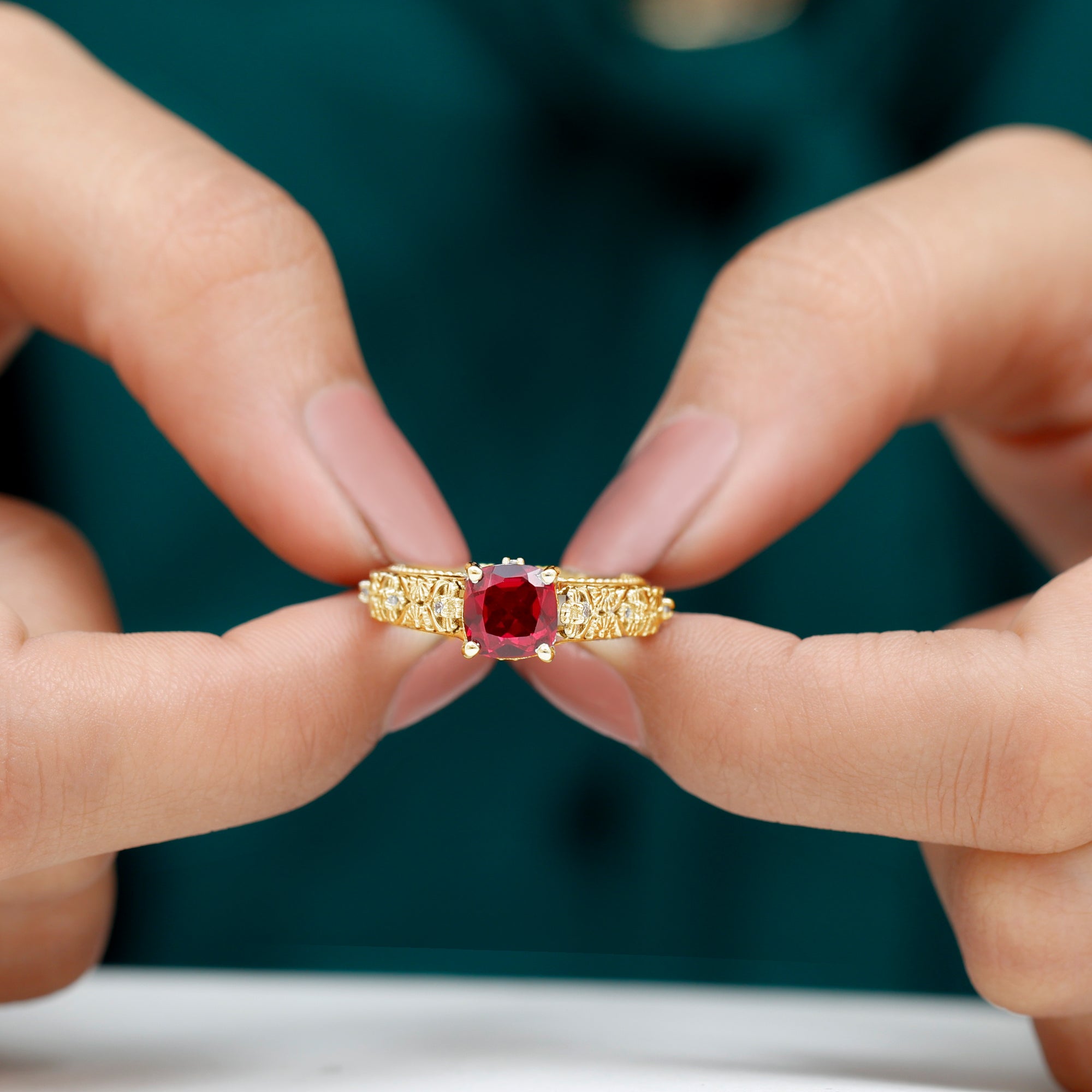 Cushion Cut Lab Grown Ruby Floral Engagement Ring with Diamond Lab Created Ruby - ( AAAA ) - Quality - Rosec Jewels