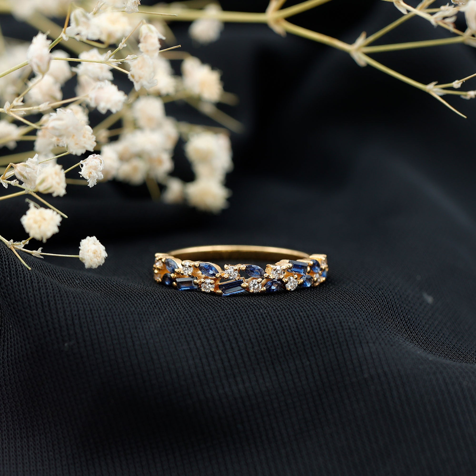 Rosec Jewels-Natural Blue Sapphire Diamond Half Eternity Anniversary Band Ring