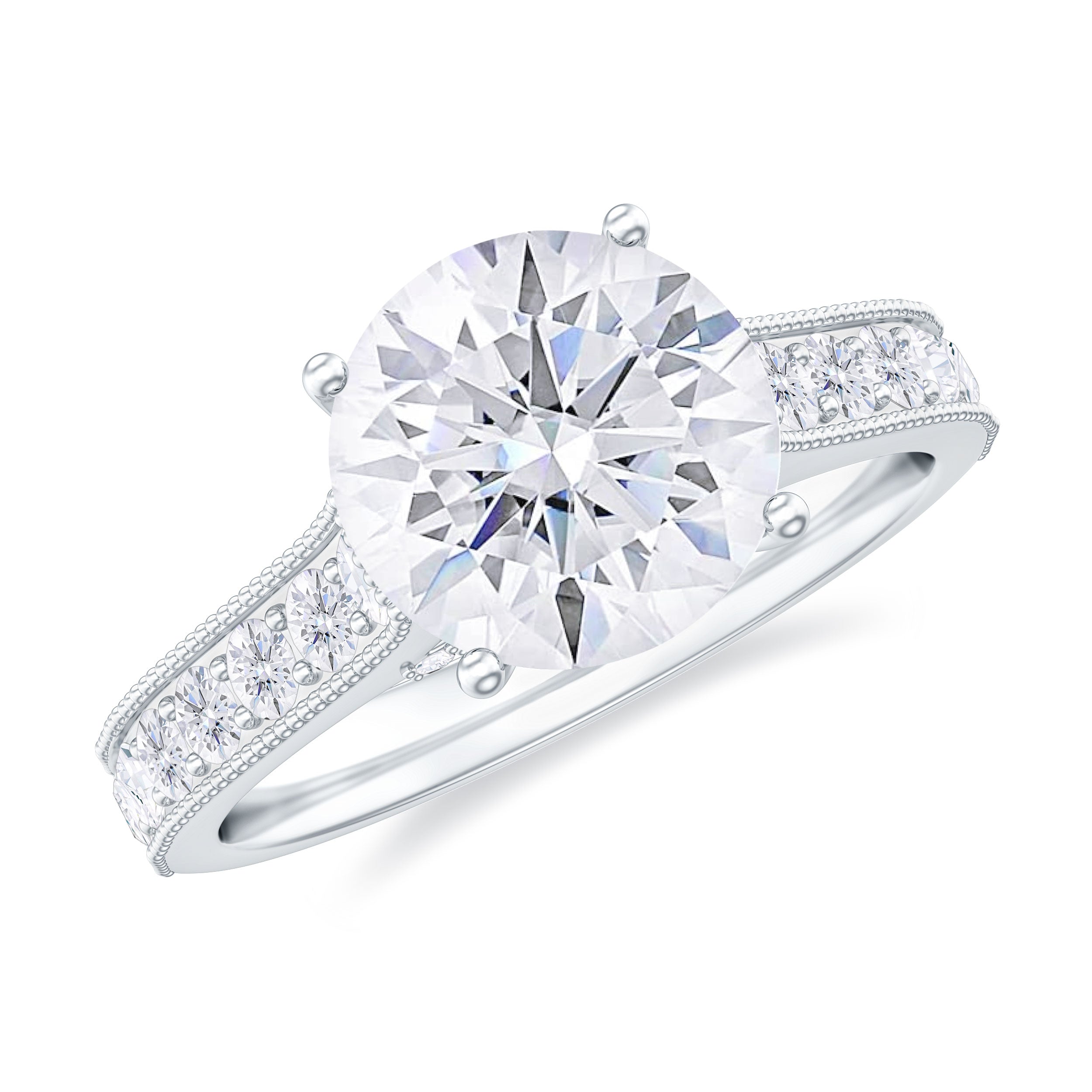 Solitaire Certified Moissanite Engagement Ring with Side Stones Moissanite - ( D-VS1 ) - Color and Clarity - Rosec Jewels