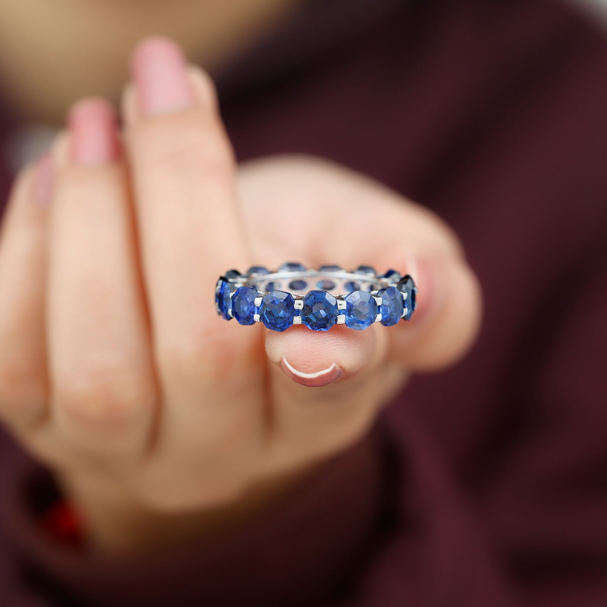 Octagon Cut Lab Grown Blue Sapphire Eternity Band Ring Lab Created Blue Sapphire - ( AAAA ) - Quality - Rosec Jewels