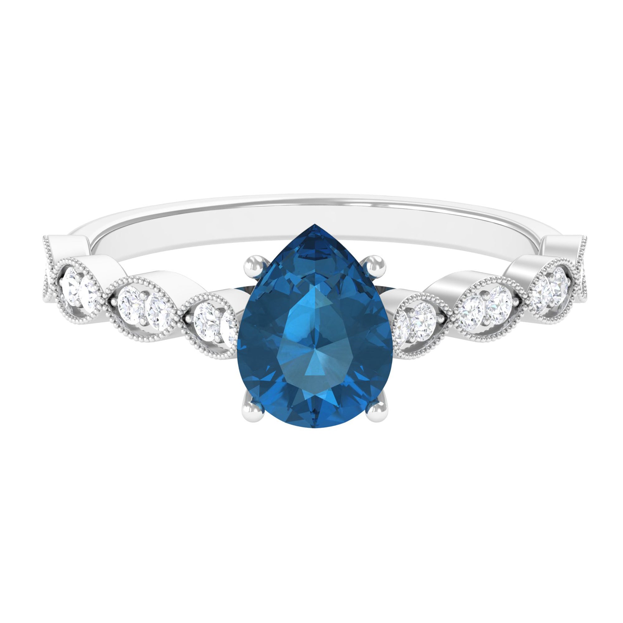 1.25 CT Teardrop London Blue Topaz Solitaire Ring with Diamond London Blue Topaz - ( AAA ) - Quality - Rosec Jewels