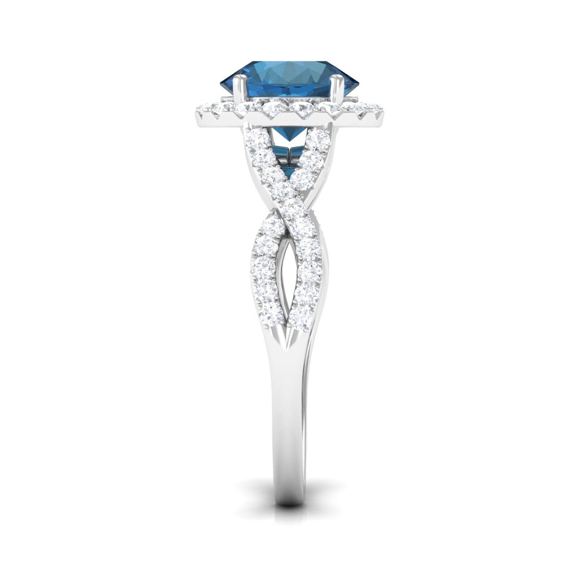 London Blue Topaz Crossover Ring with Diamond Halo London Blue Topaz - ( AAA ) - Quality - Rosec Jewels