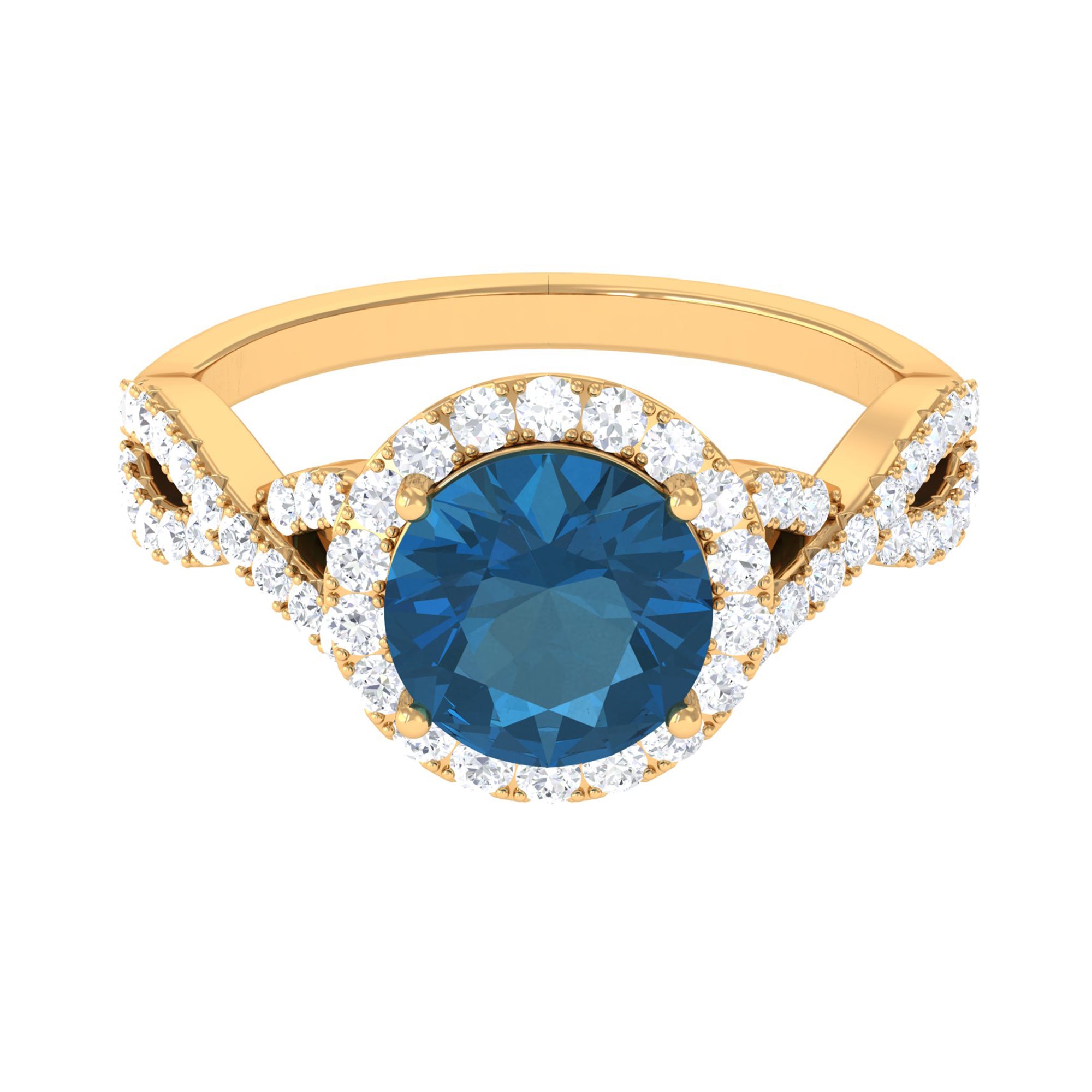 London Blue Topaz Crossover Ring with Diamond Halo London Blue Topaz - ( AAA ) - Quality - Rosec Jewels