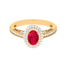 Oval Created Ruby and Diamond Double Halo Engagement Ring Lab Created Ruby - ( AAAA ) - Quality - Rosec Jewels