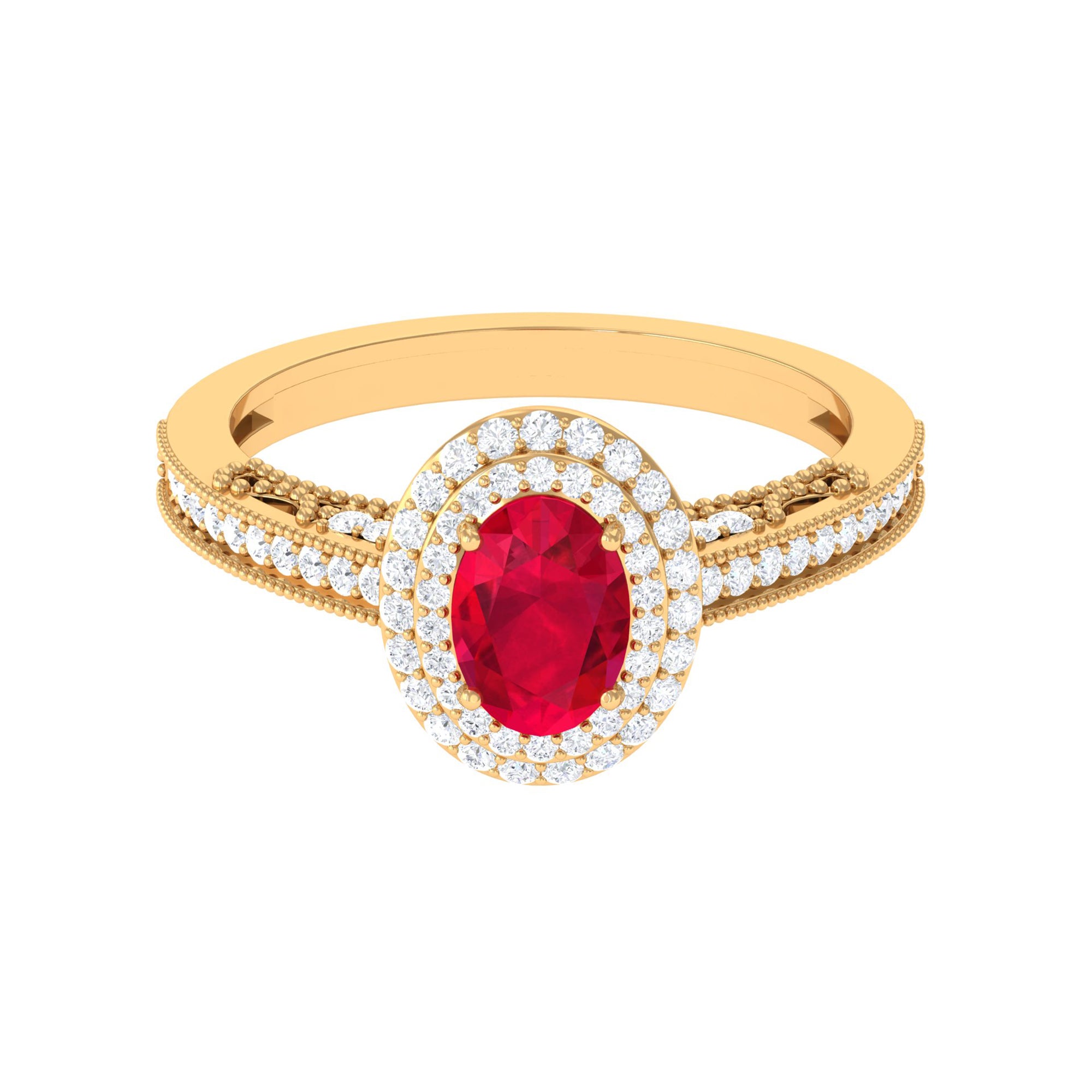 Oval Created Ruby and Diamond Double Halo Engagement Ring Lab Created Ruby - ( AAAA ) - Quality - Rosec Jewels