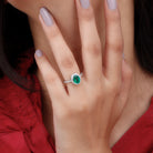 Oval Emerald Halo Engagement Ring with Diamond Emerald - ( AAA ) - Quality - Rosec Jewels