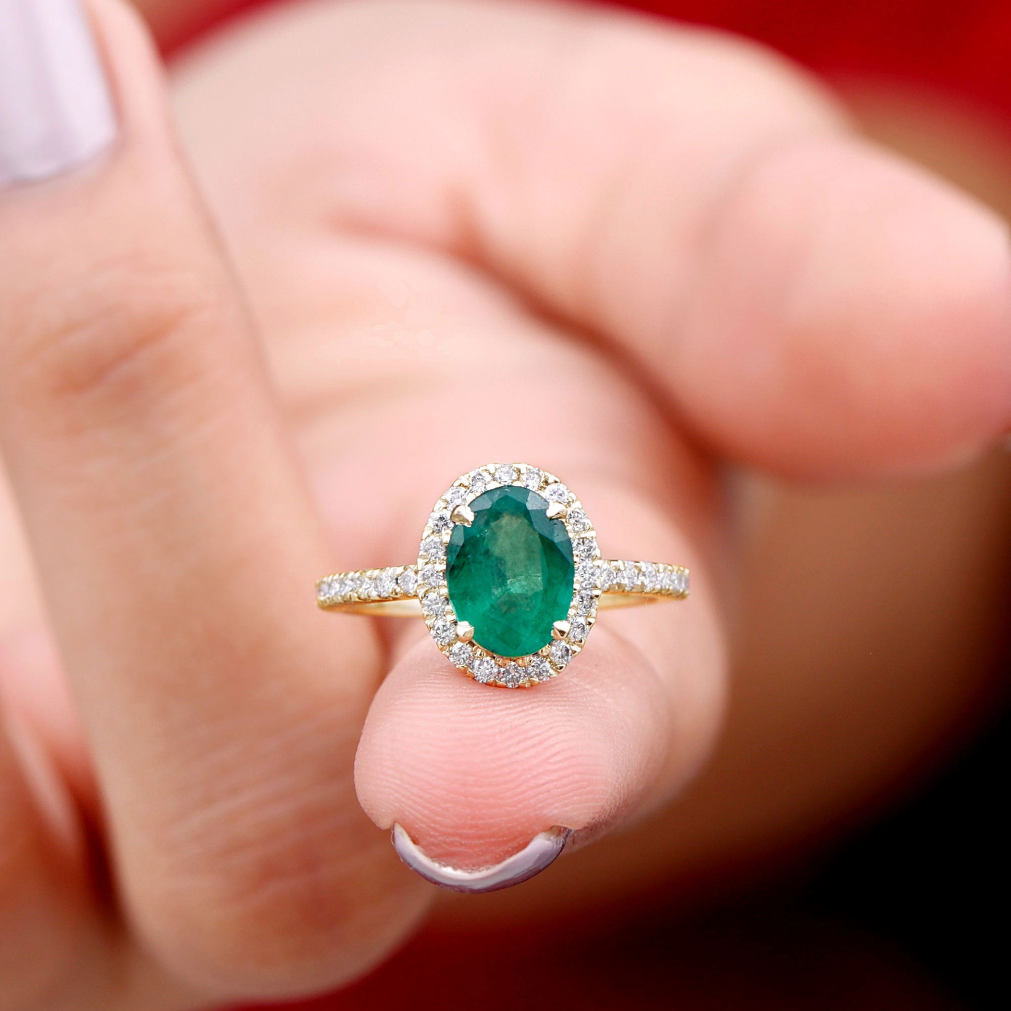 Oval Emerald Halo Engagement Ring with Diamond Emerald - ( AAA ) - Quality - Rosec Jewels