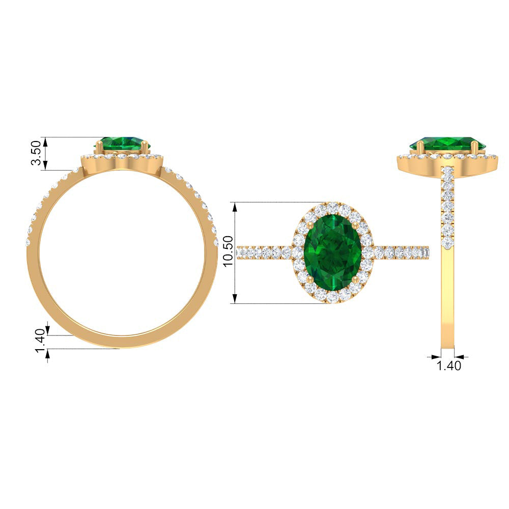 Oval Lab Grown Emerald Halo Engagement Ring with Diamond Lab Created Emerald - ( AAAA ) - Quality - Rosec Jewels