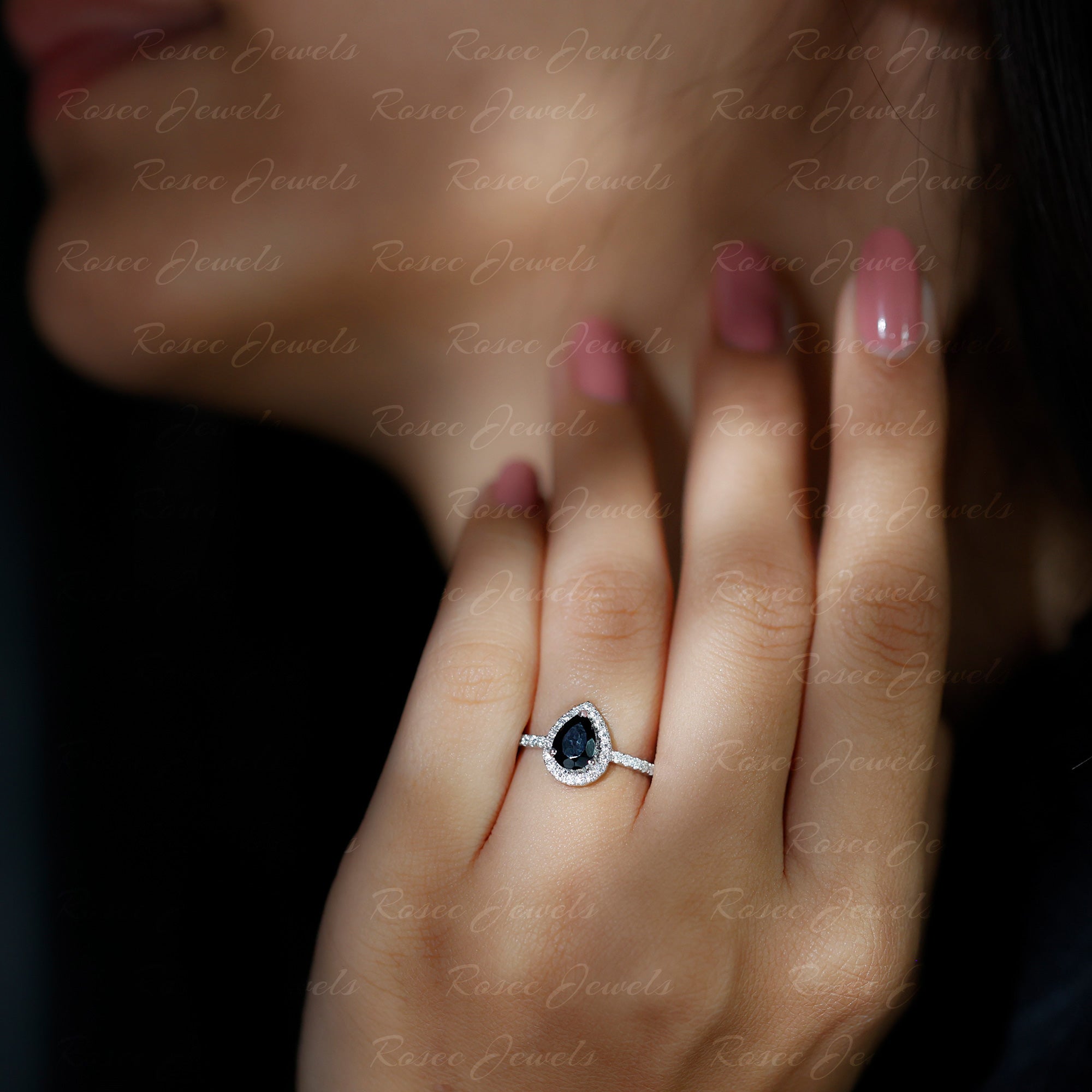 Lab-Created Black Diamond Teardrop Engagement Ring with Diamond Halo Lab Created Black Diamond - ( AAAA ) - Quality - Rosec Jewels