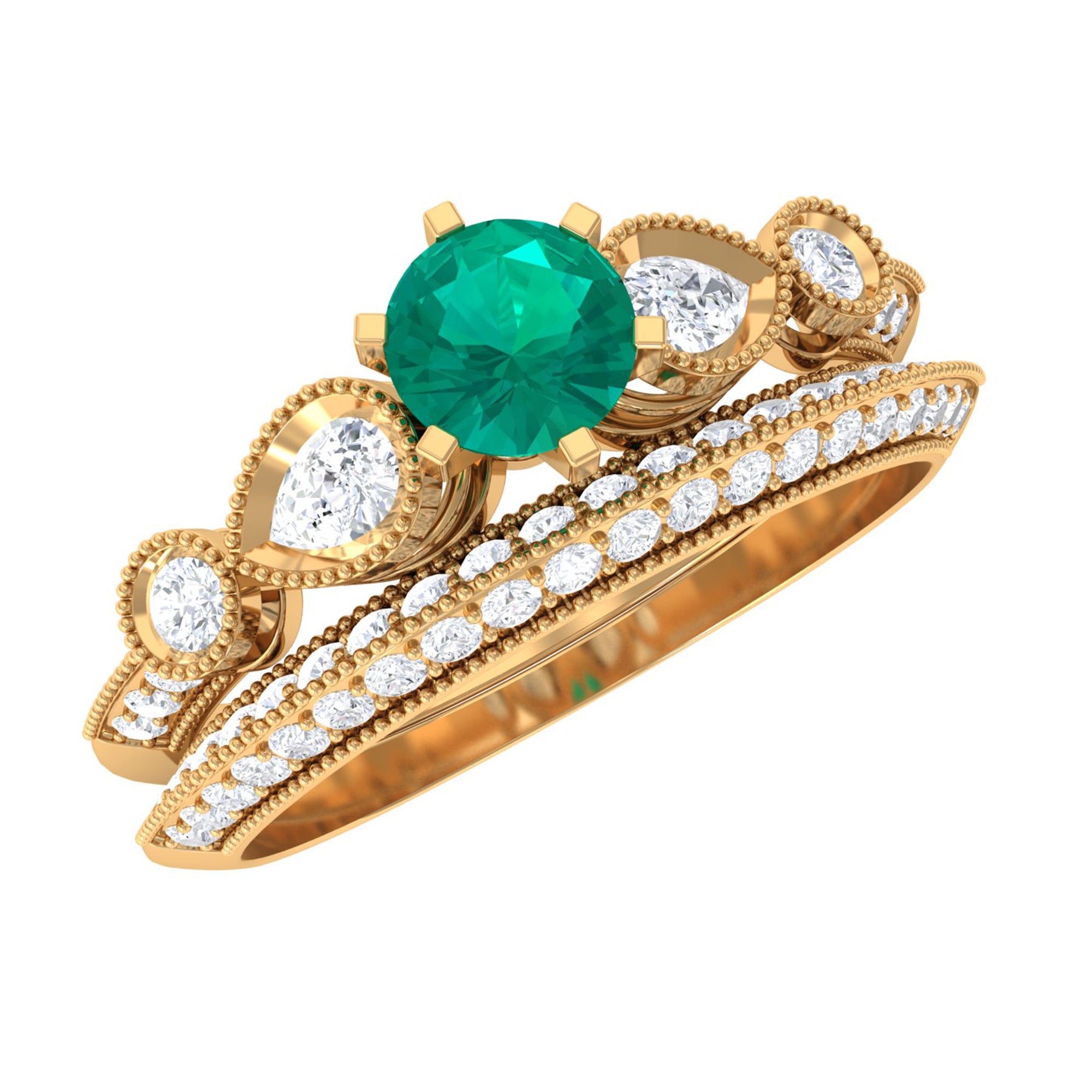 Vintage Inspired Real Emerald Wedding Ring Set with Diamond Emerald - ( AAA ) - Quality - Rosec Jewels