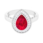 Vintage Style Created Ruby Teardrop Engagement Ring with Diamond Halo Lab Created Ruby - ( AAAA ) - Quality - Rosec Jewels