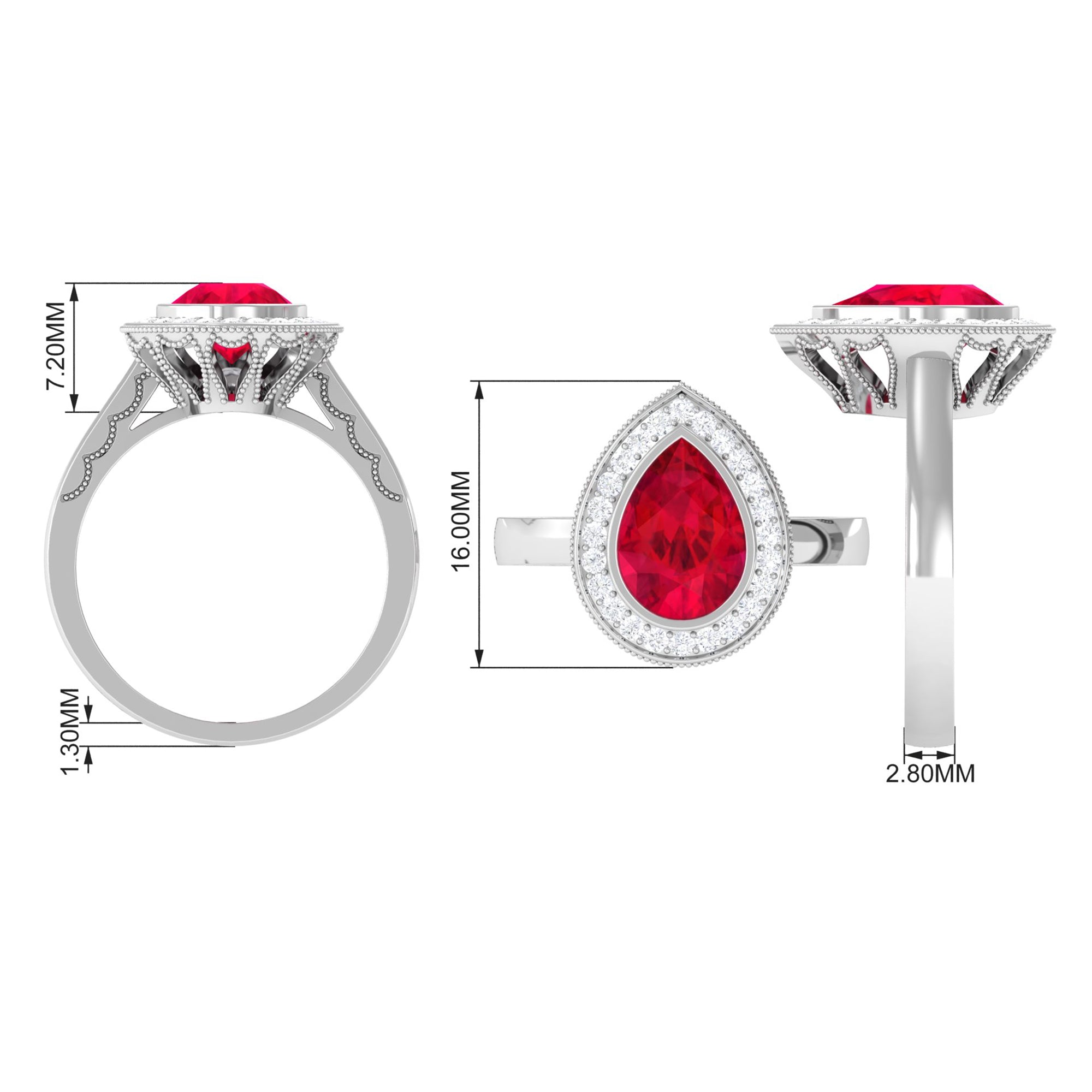 Vintage Style Created Ruby Teardrop Engagement Ring with Diamond Halo Lab Created Ruby - ( AAAA ) - Quality - Rosec Jewels