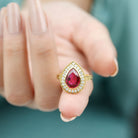 Vintage Style Created Ruby Teardrop Engagement Ring with Diamond Halo Lab Created Ruby - ( AAAA ) - Quality - Rosec Jewels