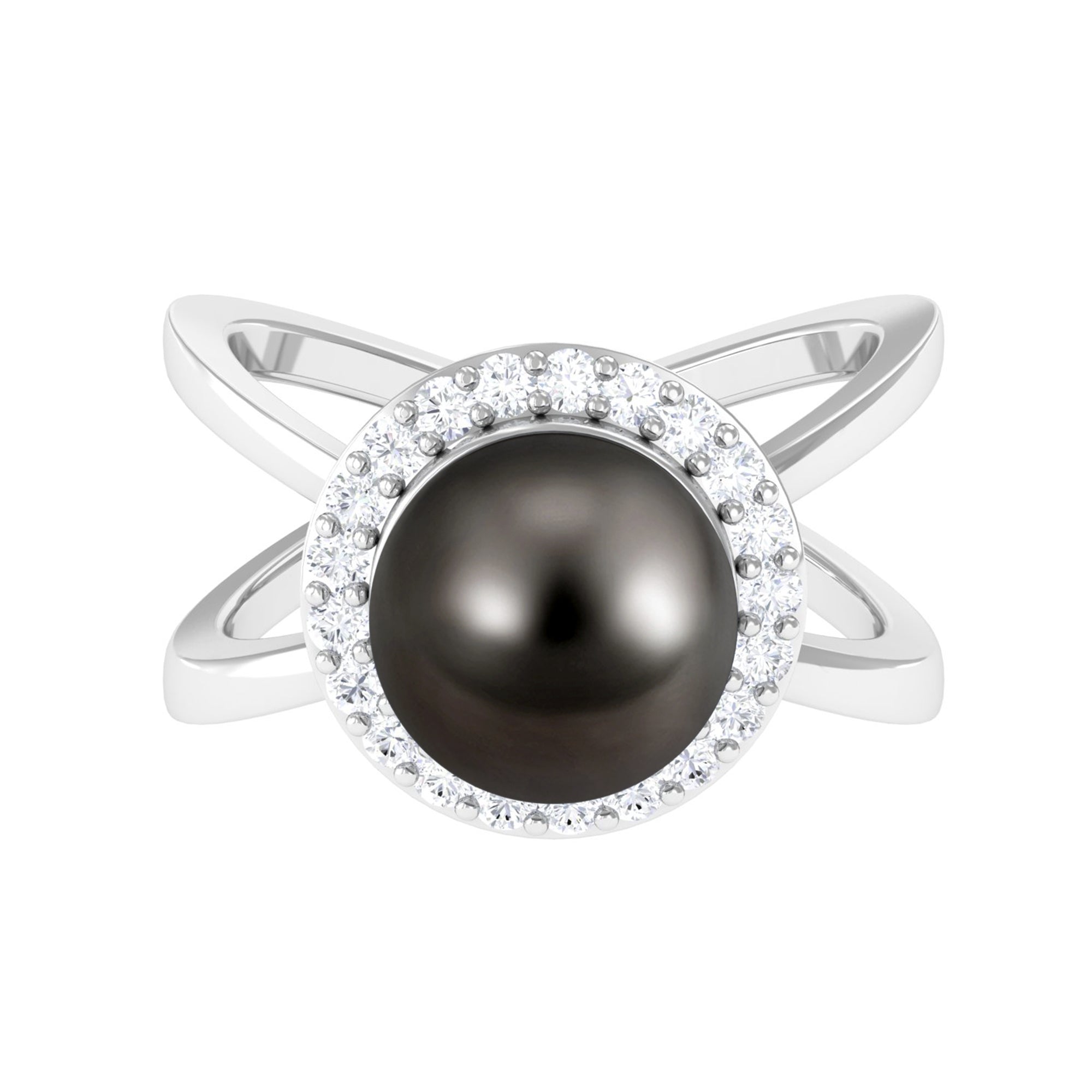 Tahitian Pearl and Diamond Halo Engagement Ring in Criss Cross Shank Tahitian pearl - ( AAA ) - Quality - Rosec Jewels