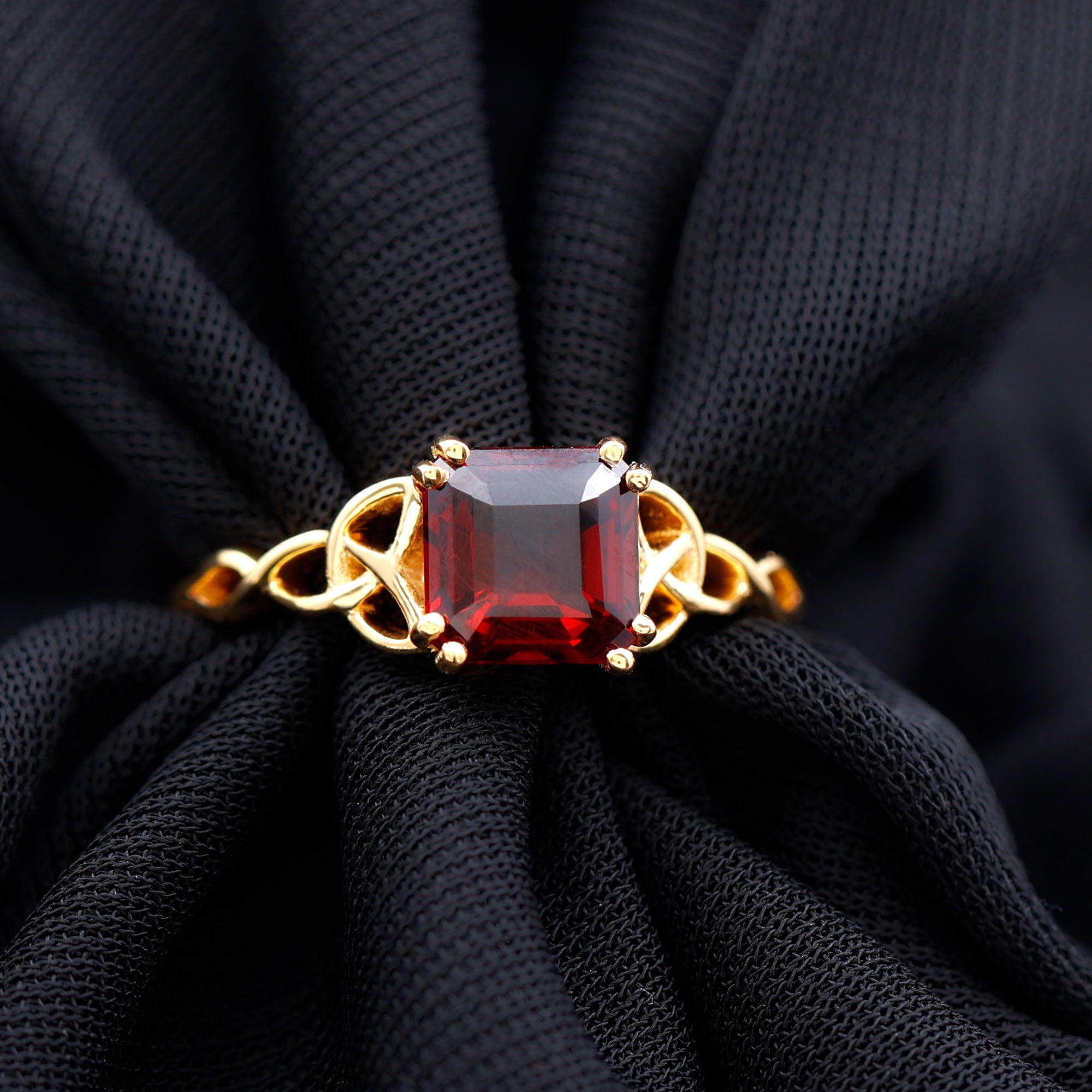 Asscher Cut Solitaire Garnet Celtic Knot Ring in Gold Garnet - ( AAA ) - Quality - Rosec Jewels