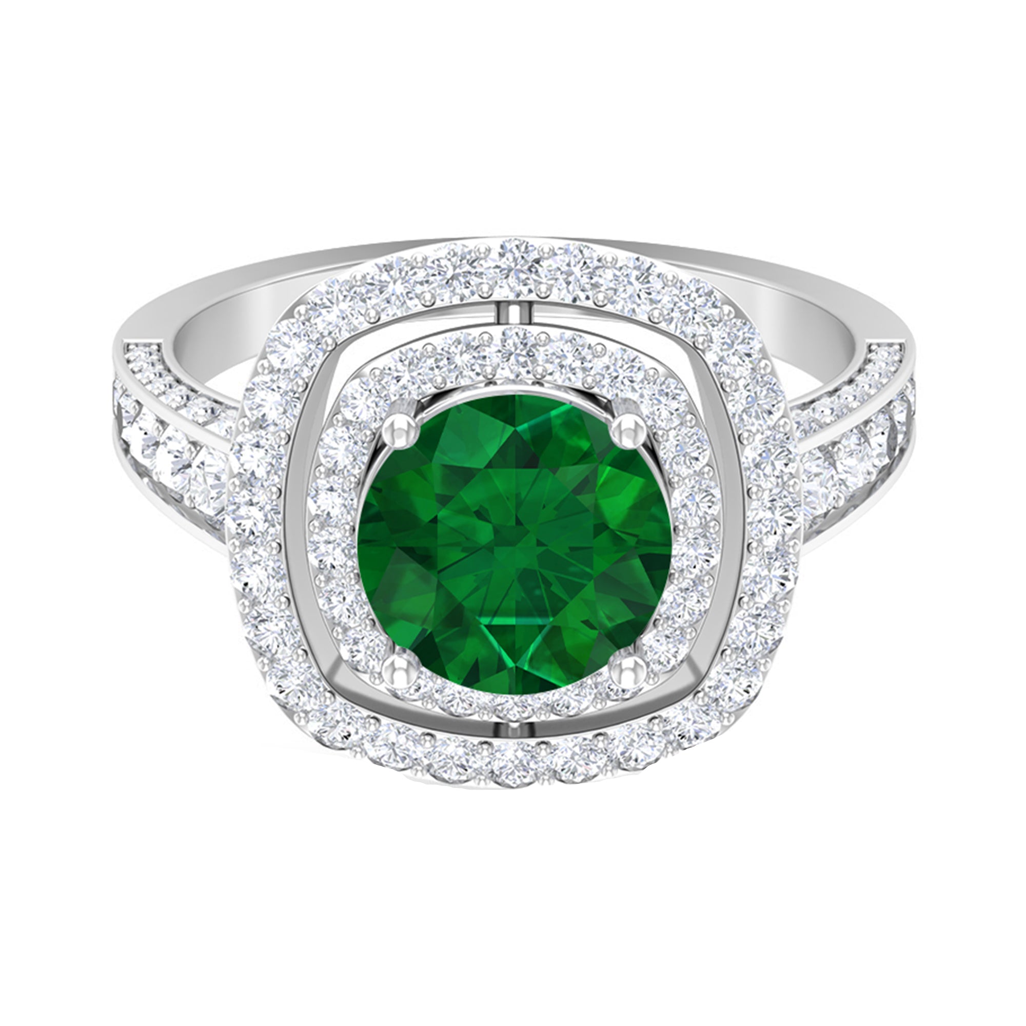 Certified Lab Grown Emerald Double Halo Engagement Ring With Moissanite Lab Created Emerald - ( AAAA ) - Quality - Rosec Jewels