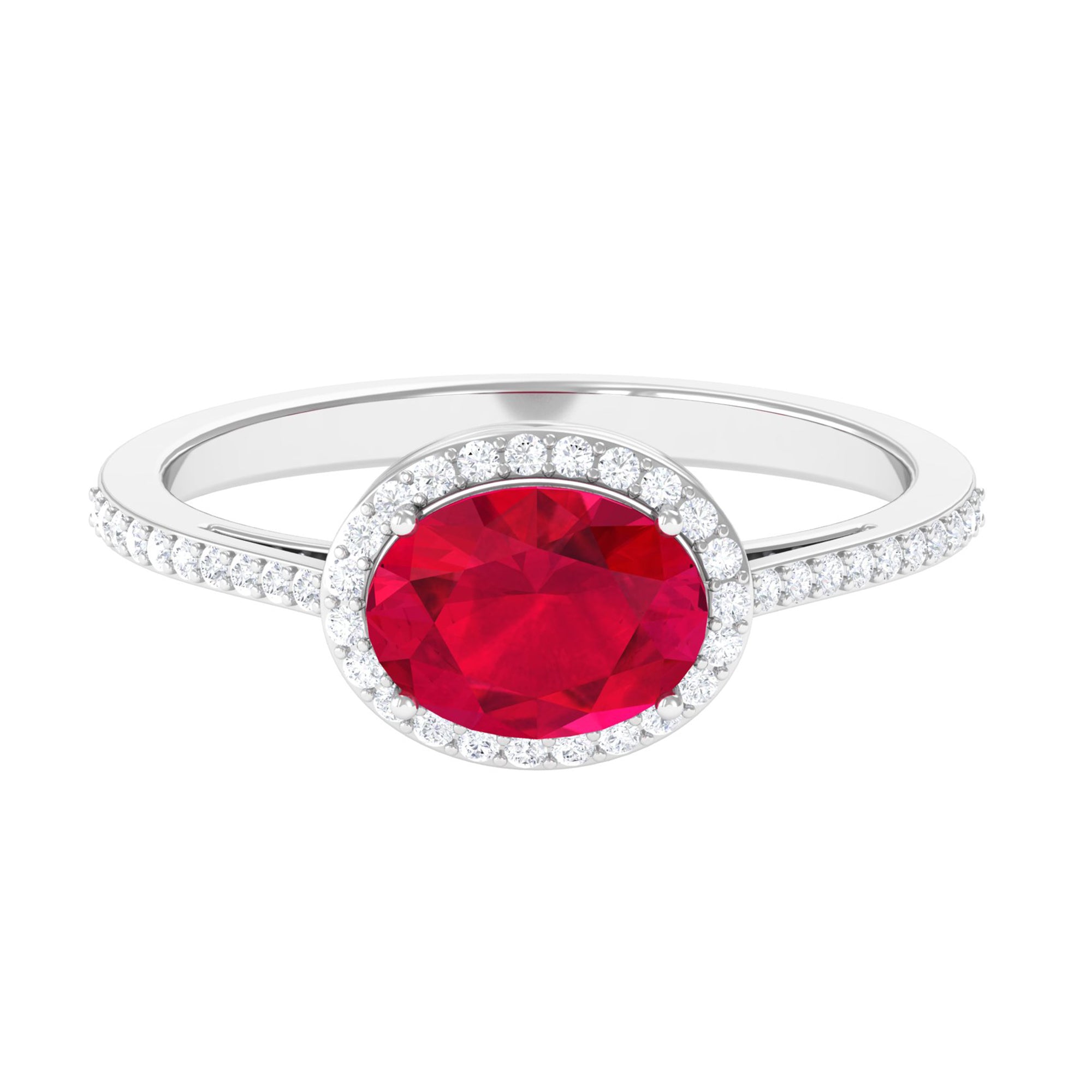 Oval Cut Created Ruby East West Engagement Ring with Diamond Halo Lab Created Ruby - ( AAAA ) - Quality - Rosec Jewels