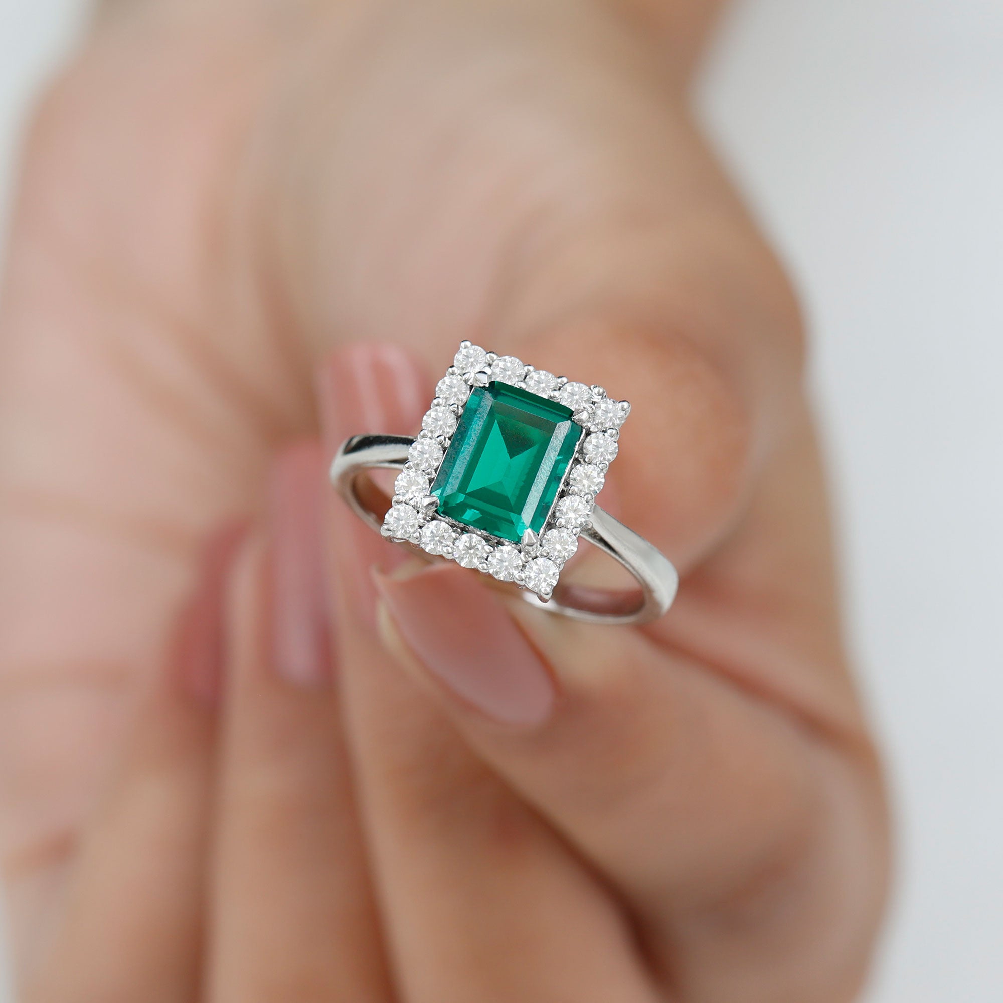 Octagon Cut Lab-Created Emerald Halo Engagement Ring with Diamond Lab Created Emerald - ( AAAA ) - Quality - Rosec Jewels