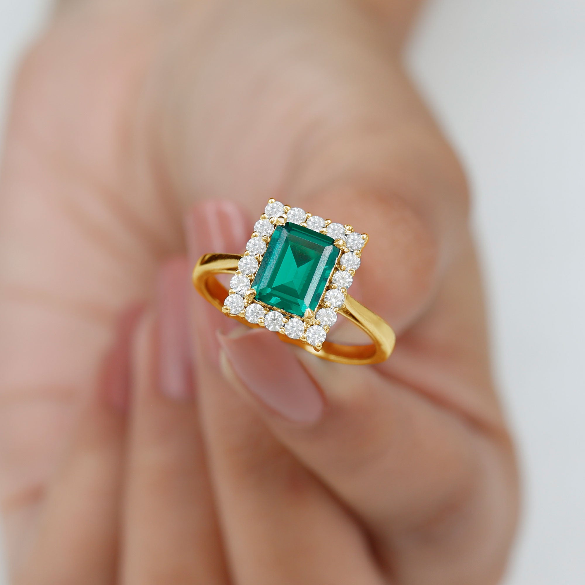 Octagon Cut Lab-Created Emerald Halo Engagement Ring with Diamond Lab Created Emerald - ( AAAA ) - Quality - Rosec Jewels