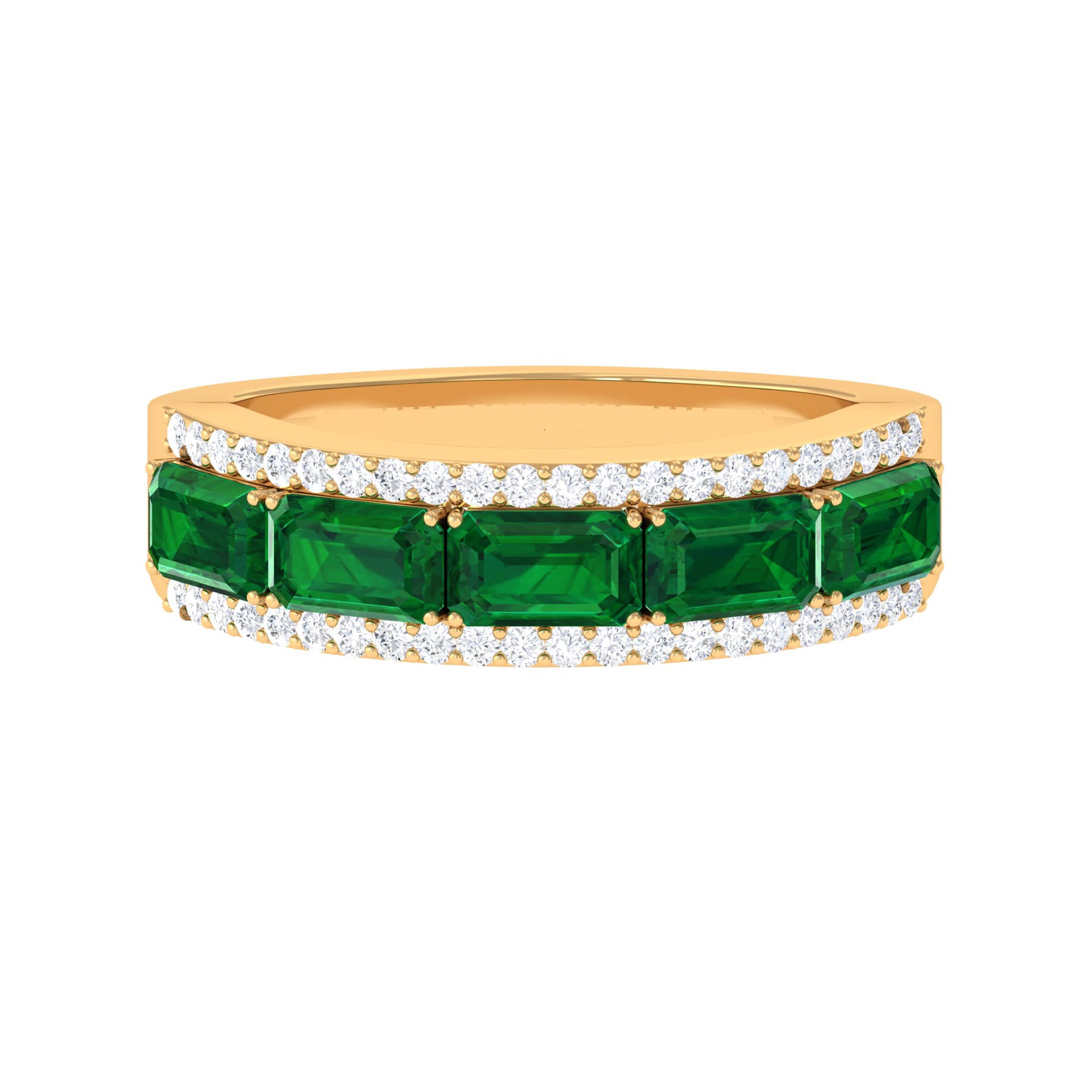 Octagon Cut Created Emerald and Diamond East West Half Eternity Band Lab Created Emerald - ( AAAA ) - Quality - Rosec Jewels