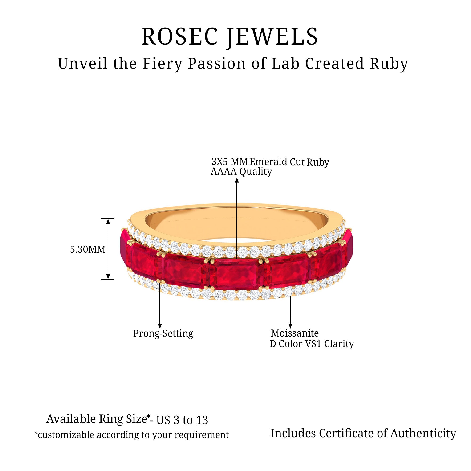 Emerald Cut Lab Grown Ruby Moissanite Half Eternity Band Lab Created Ruby - ( AAAA ) - Quality - Rosec Jewels