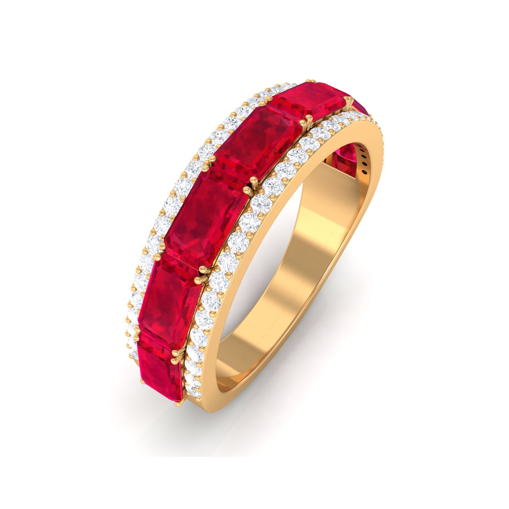 Emerald Cut Lab Grown Ruby Moissanite Half Eternity Band Lab Created Ruby - ( AAAA ) - Quality - Rosec Jewels