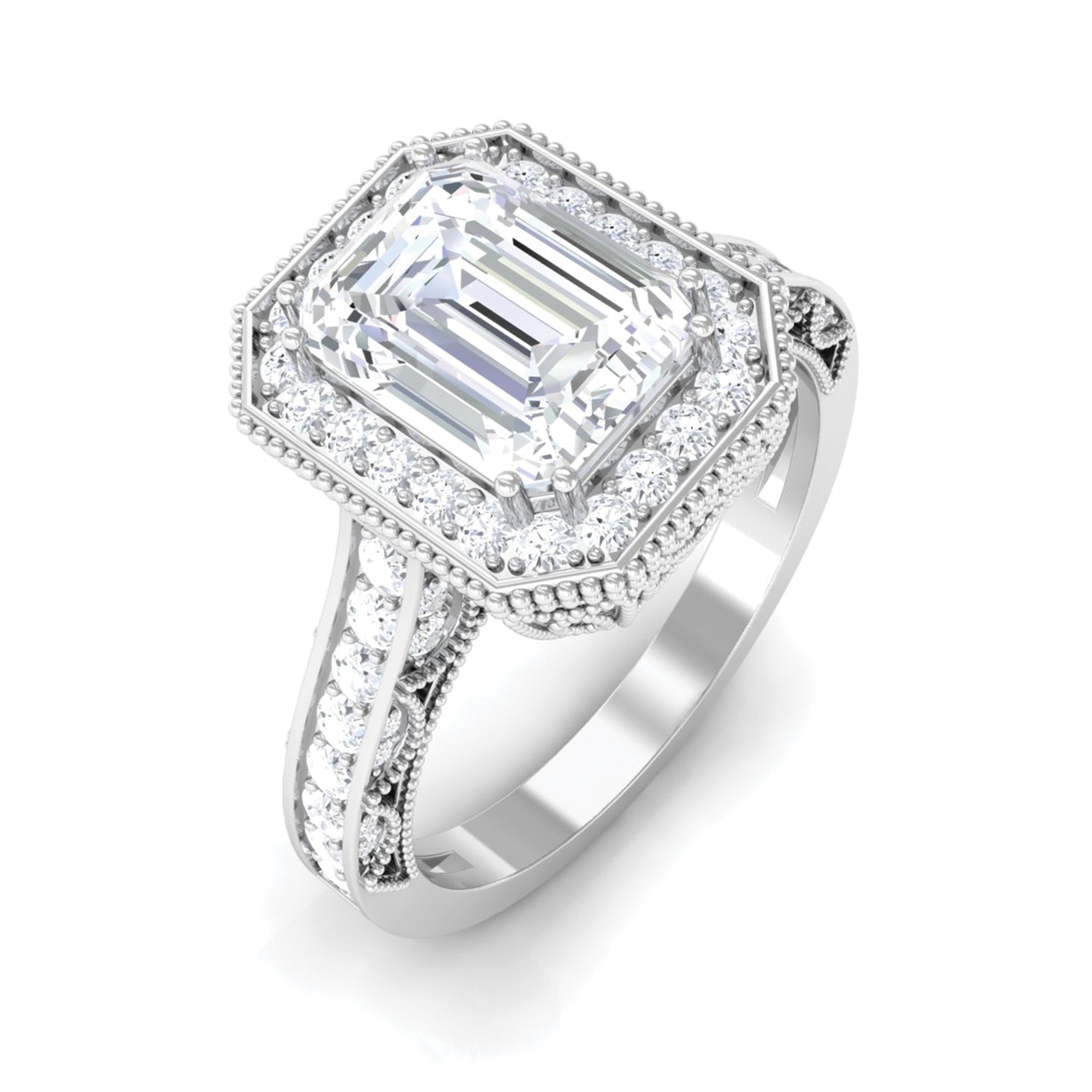 Emerald Cut Moissanite Vintage Engagement Ring Moissanite - ( D-VS1 ) - Color and Clarity - Rosec Jewels