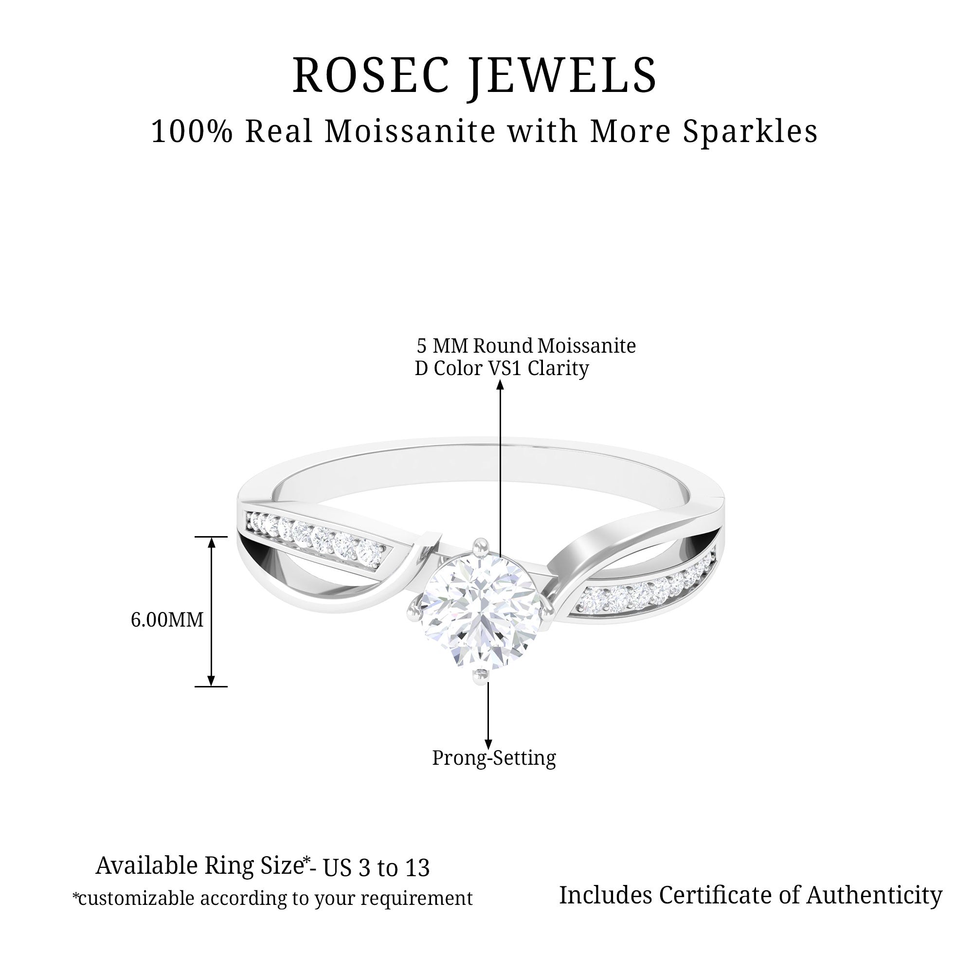 Infinity Shank Round Moissanite Solitaire Engagement Ring in Gold Moissanite - ( D-VS1 ) - Color and Clarity - Rosec Jewels