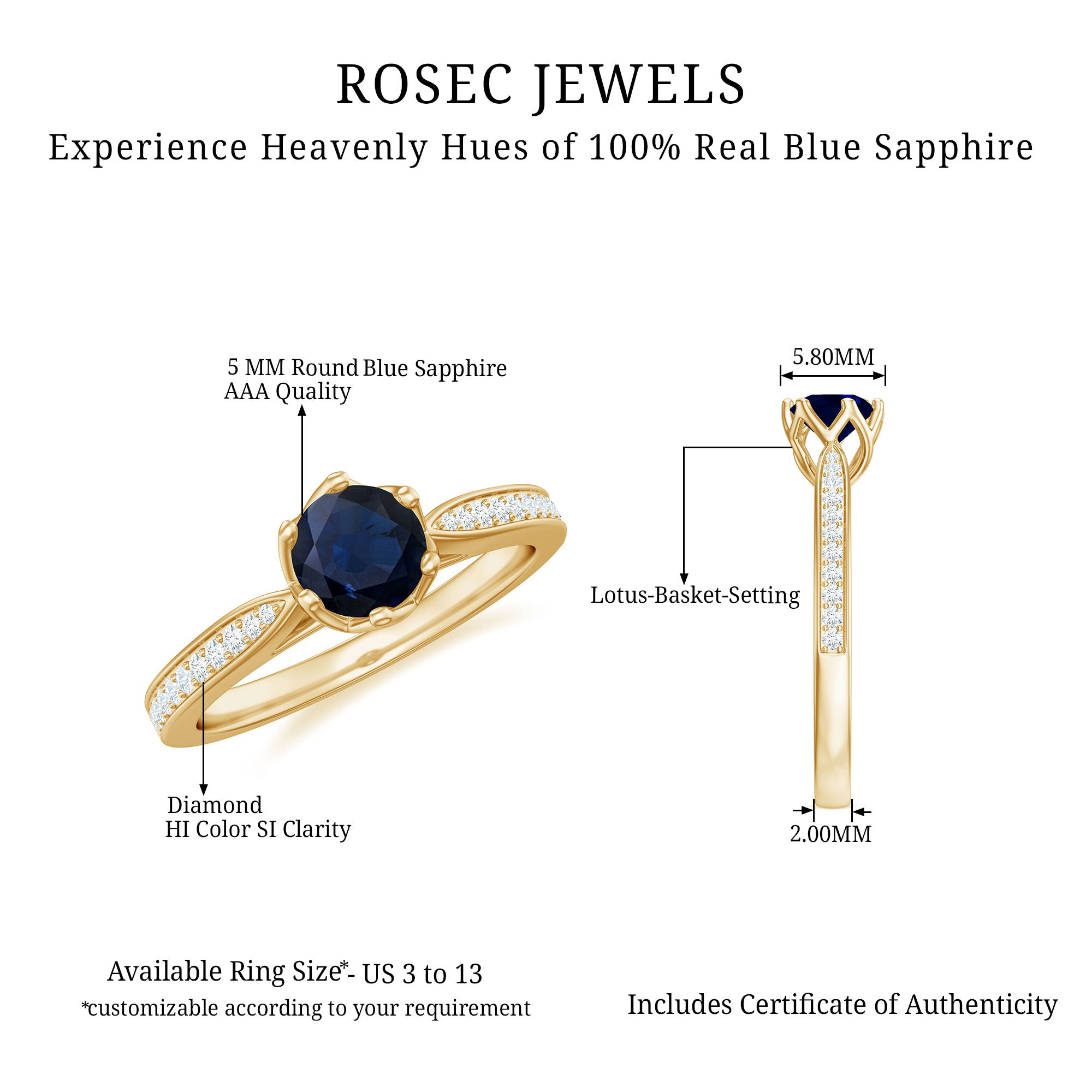 Real Blue Sapphire Solitaire Engagement Ring with Diamond Blue Sapphire - ( AAA ) - Quality - Rosec Jewels