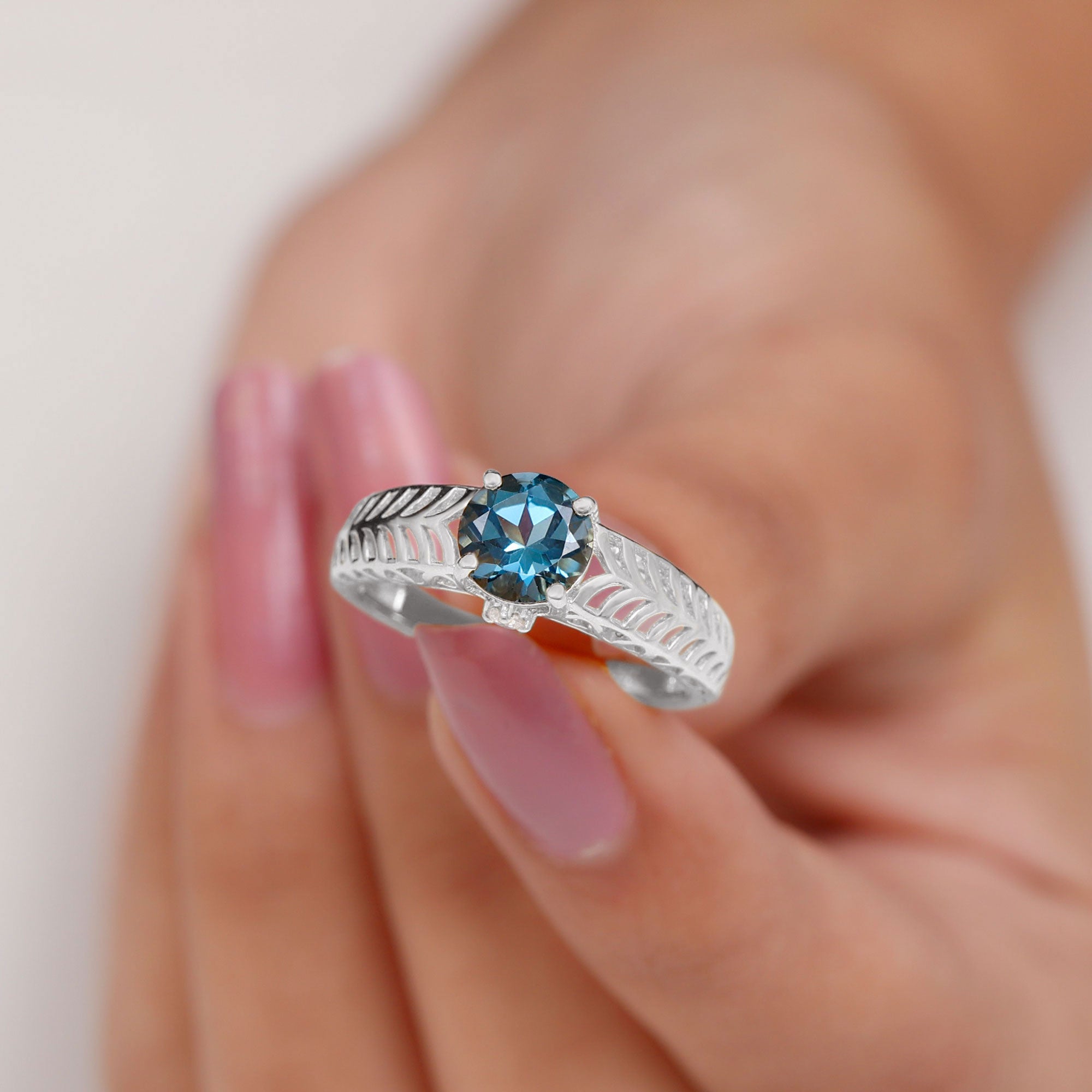 Round London Blue Topaz Solitaire Ring in Cut Out Work London Blue Topaz - ( AAA ) - Quality - Rosec Jewels