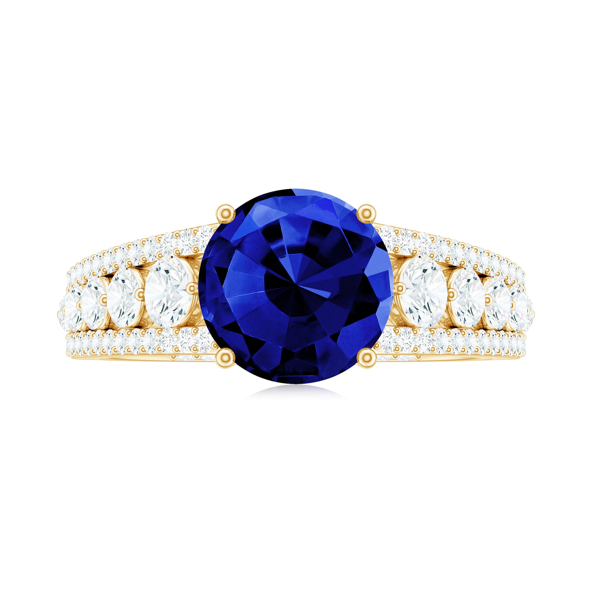 Solitaire Created Blue Sapphire Statement Engagement Ring with Moissanite Lab Created Blue Sapphire - ( AAAA ) - Quality - Rosec Jewels