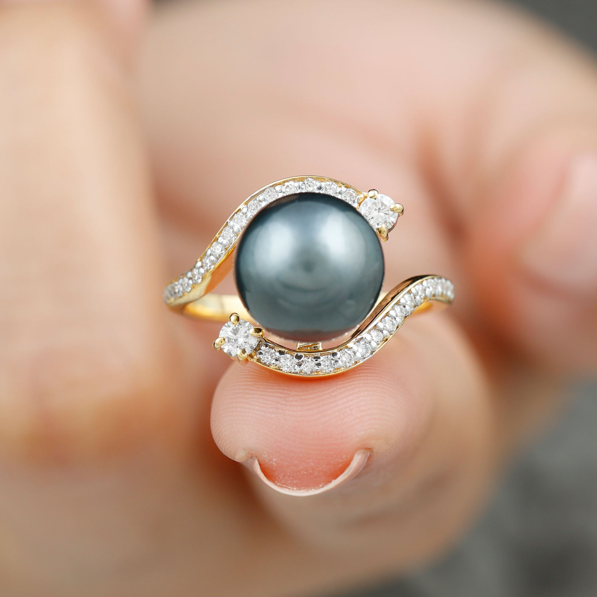 Solitaire Tahitian Pearl Bypass Engagement Ring with Diamond in Gold Tahitian pearl - ( AAA ) - Quality - Rosec Jewels