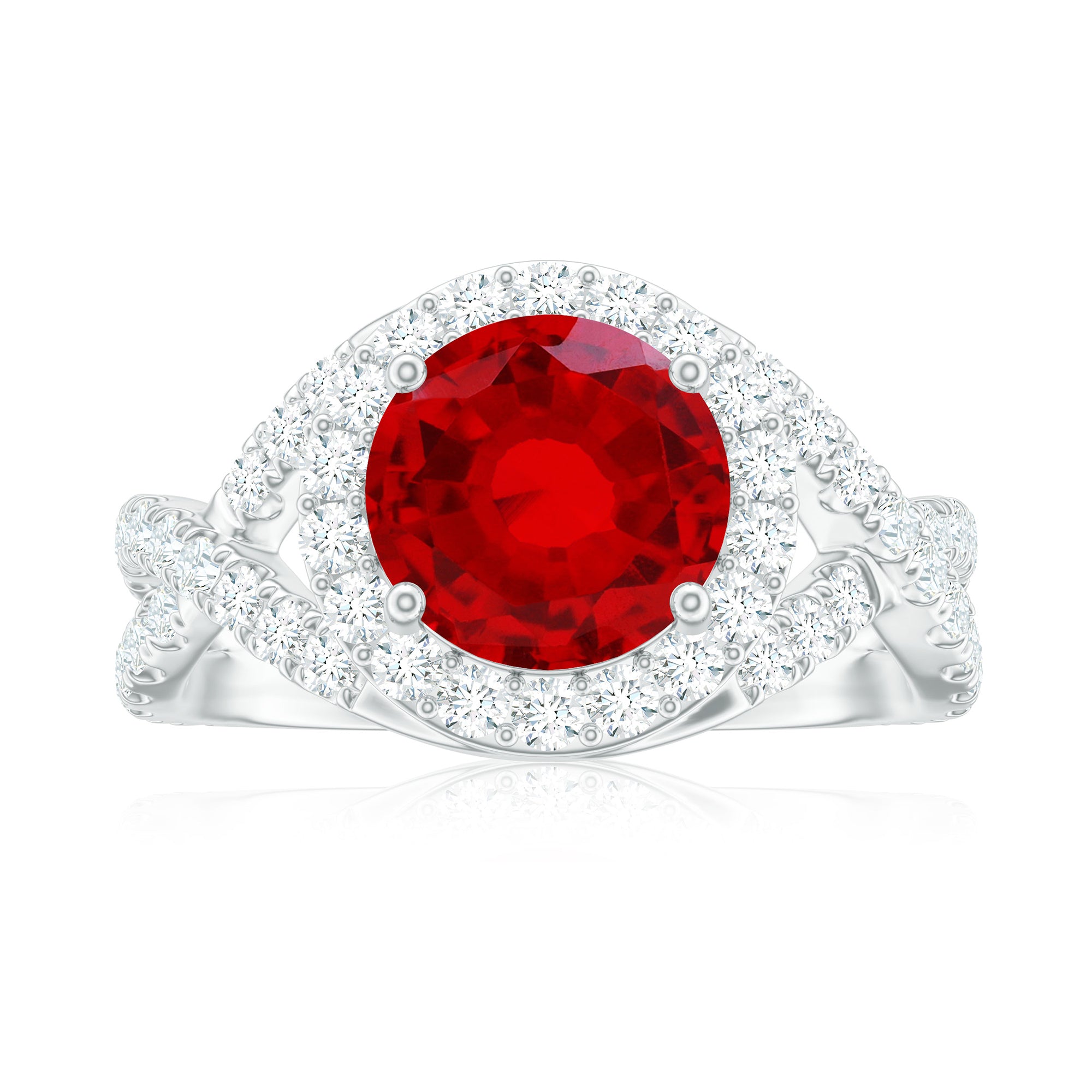 Classic Created Ruby Crossover Engagement Ring with Moissanite Accent Lab Created Ruby - ( AAAA ) - Quality - Rosec Jewels