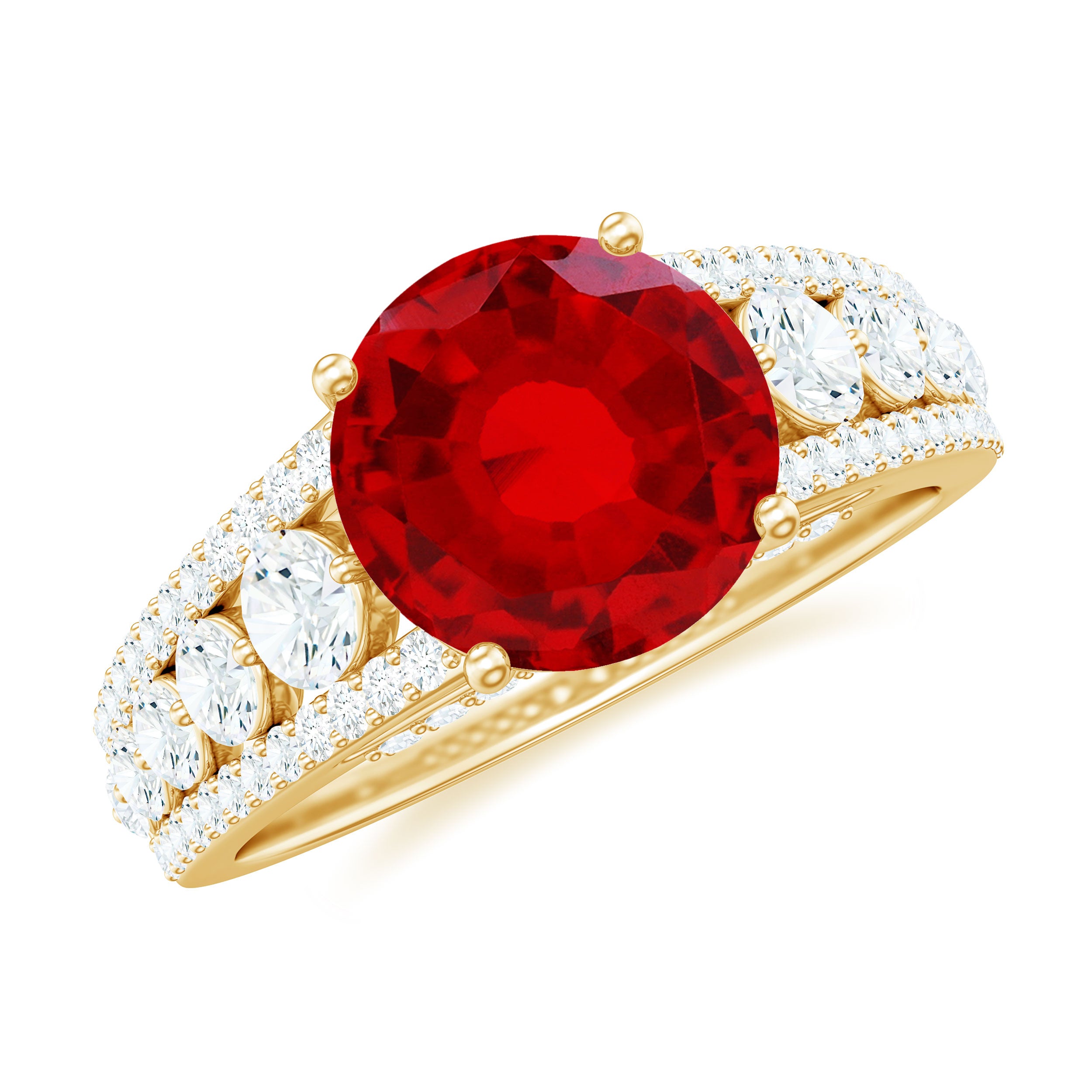 Created Ruby Statement Engagement Ring with Moissanite Side Stones Lab Created Ruby - ( AAAA ) - Quality - Rosec Jewels