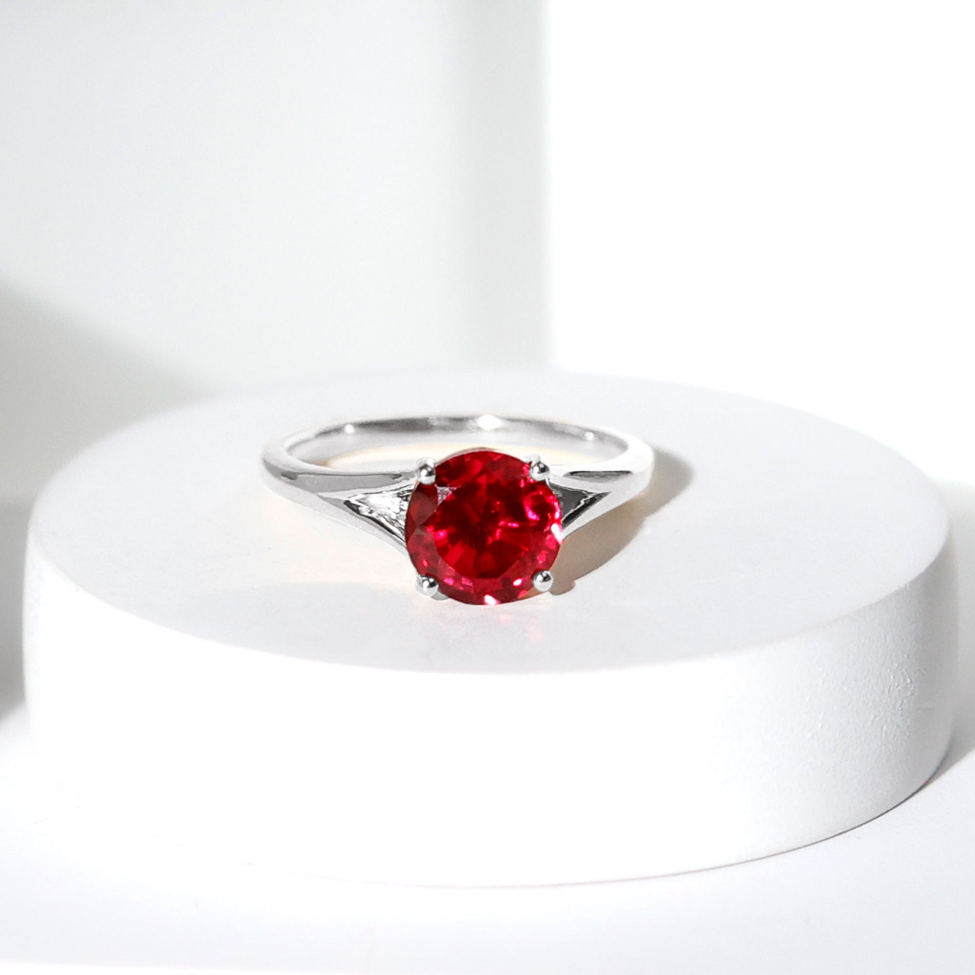 Split Shank Round Created Ruby Solitaire Ring with Surprise Diamond Lab Created Ruby - ( AAAA ) - Quality - Rosec Jewels